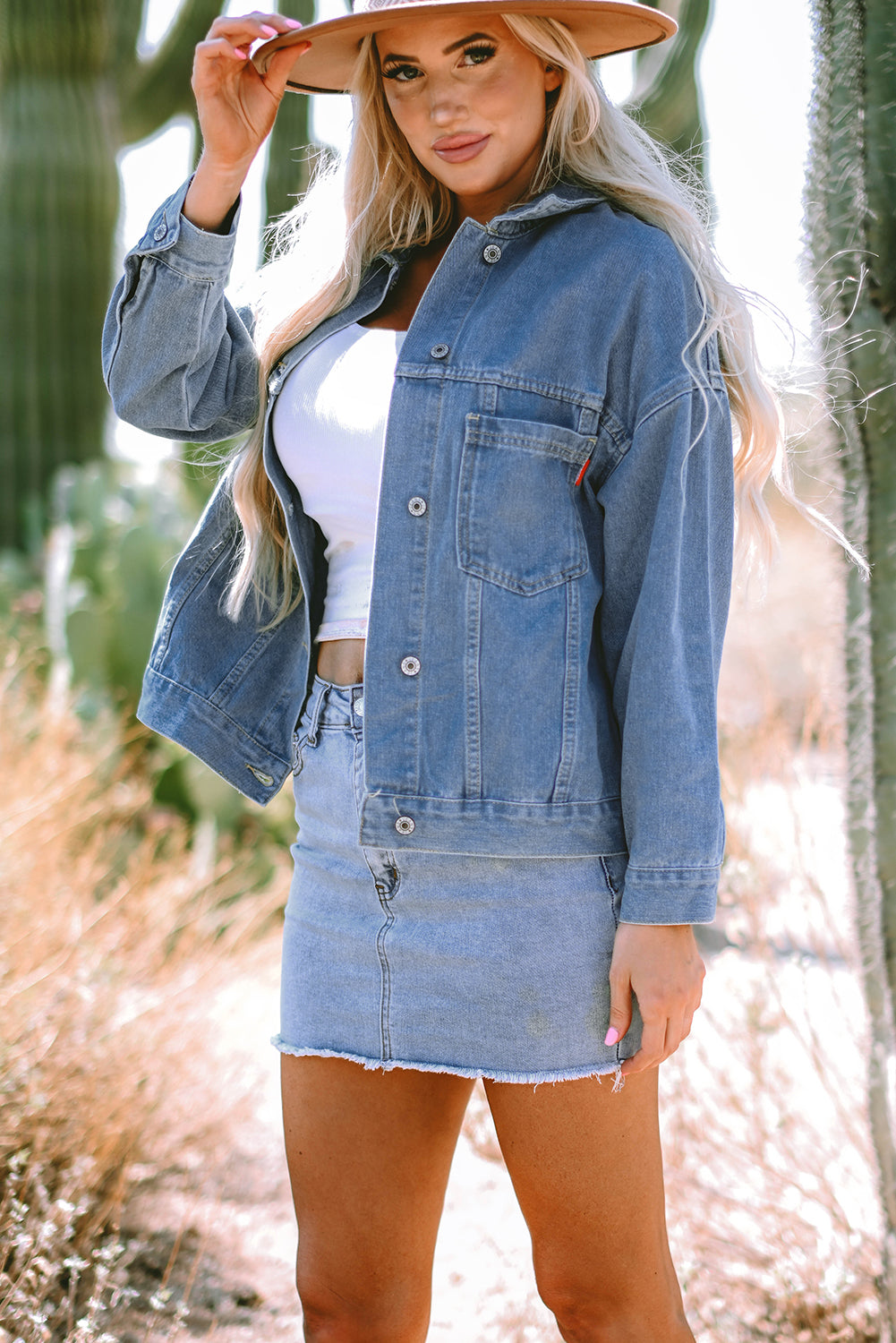 Denim Jacket: Washed Oversize Pocket-Detail