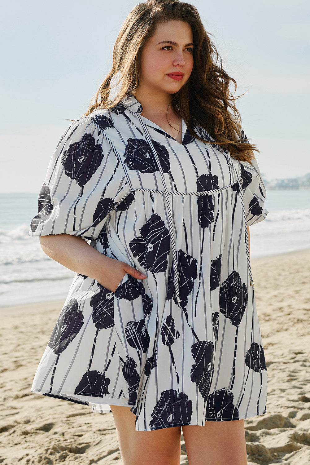 Plus Size Floral Lace-up Neck Mini Dress