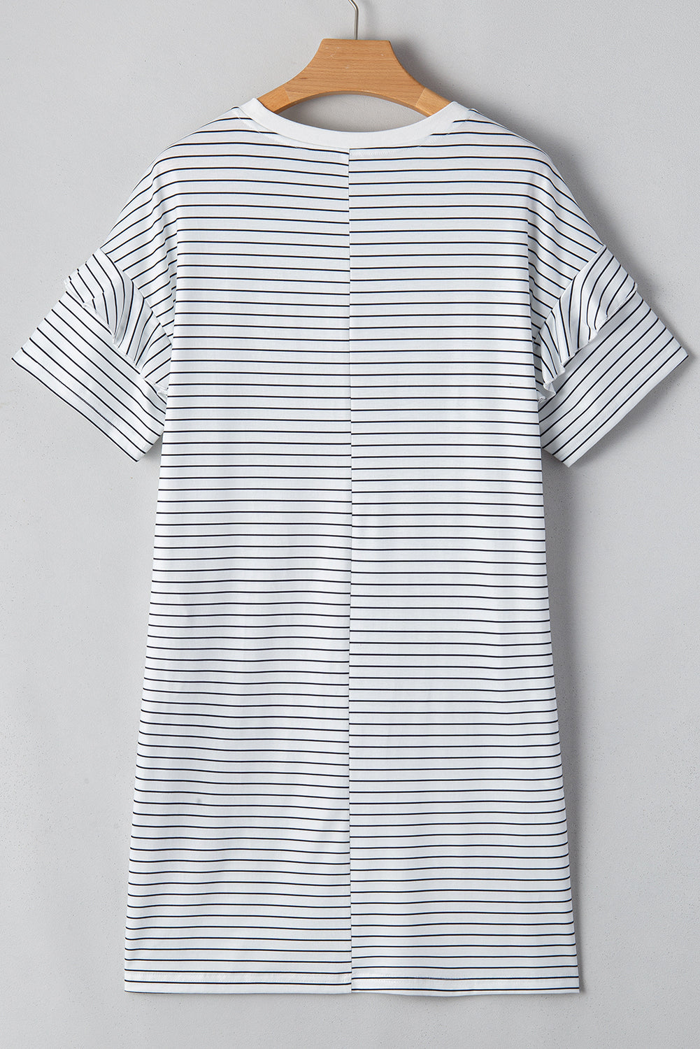 Stripe Ruffled Short-Sleeved Crew-Neck T Shirt Shift Mini Dress in White