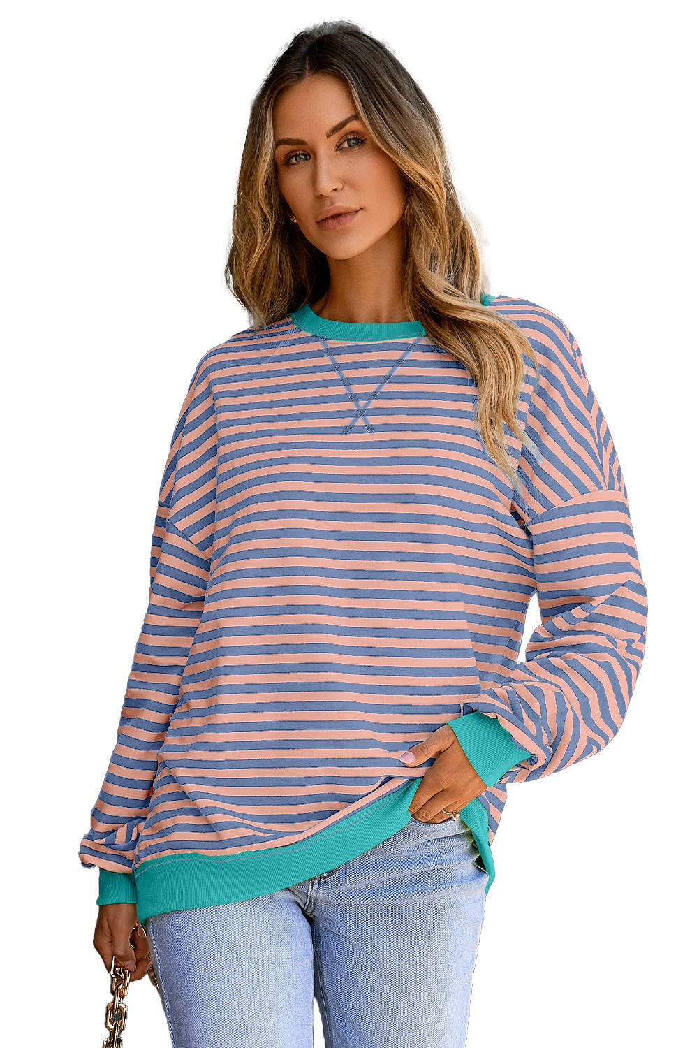 Rib-Knit Striped Contrast Trim Crossed Stitch Drop-Shoulder Sweatshirt