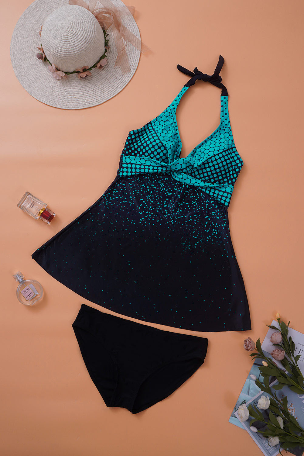 Ensemble tankini dos nu imprimé à pois turquoise