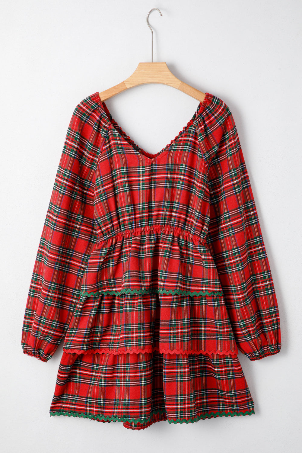Ricrac Plaid Print Tiered Bubble Sleeve Mini Dress in Red
