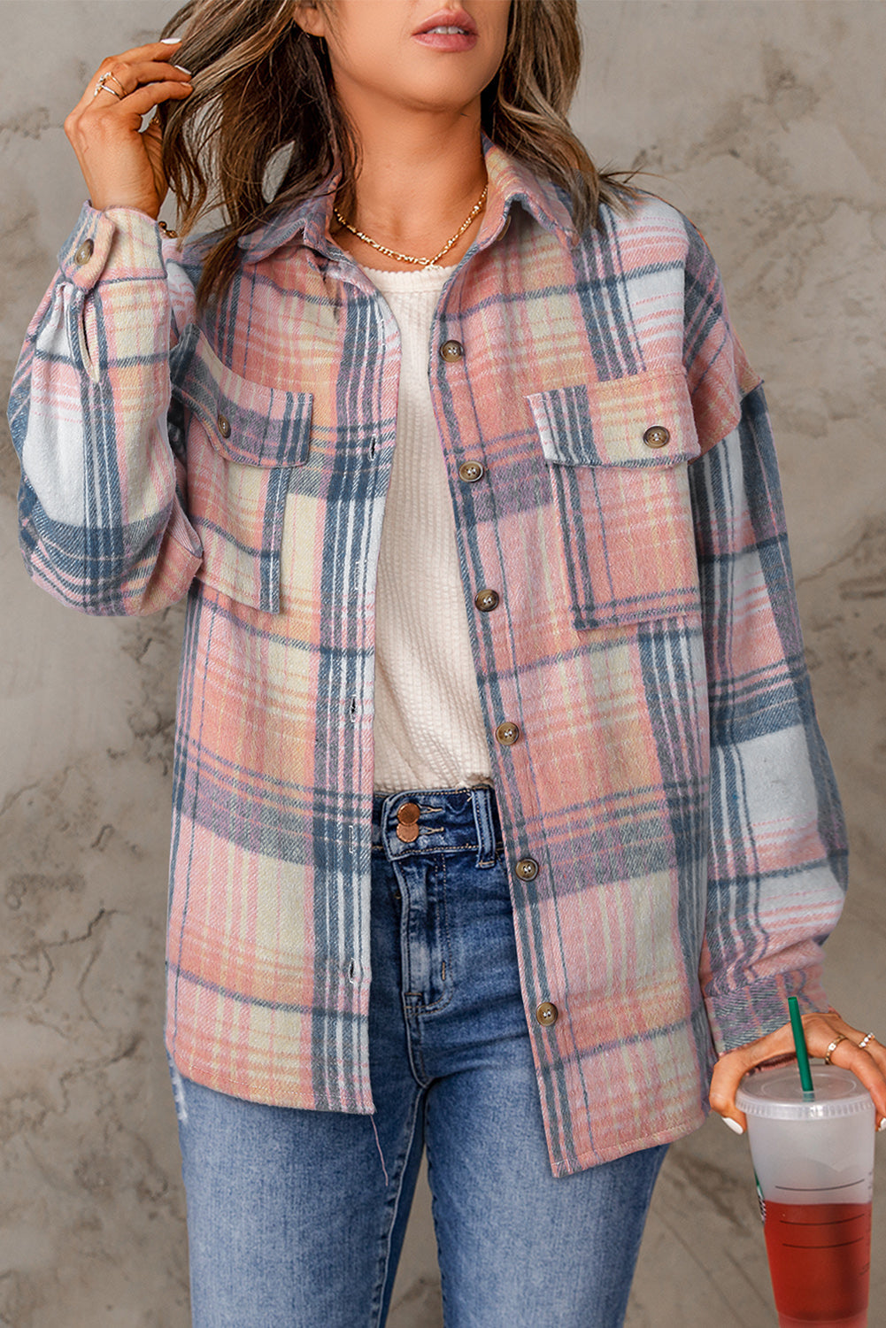 Women's Shacket Featuring Plaid Flap Pockets Pink Black