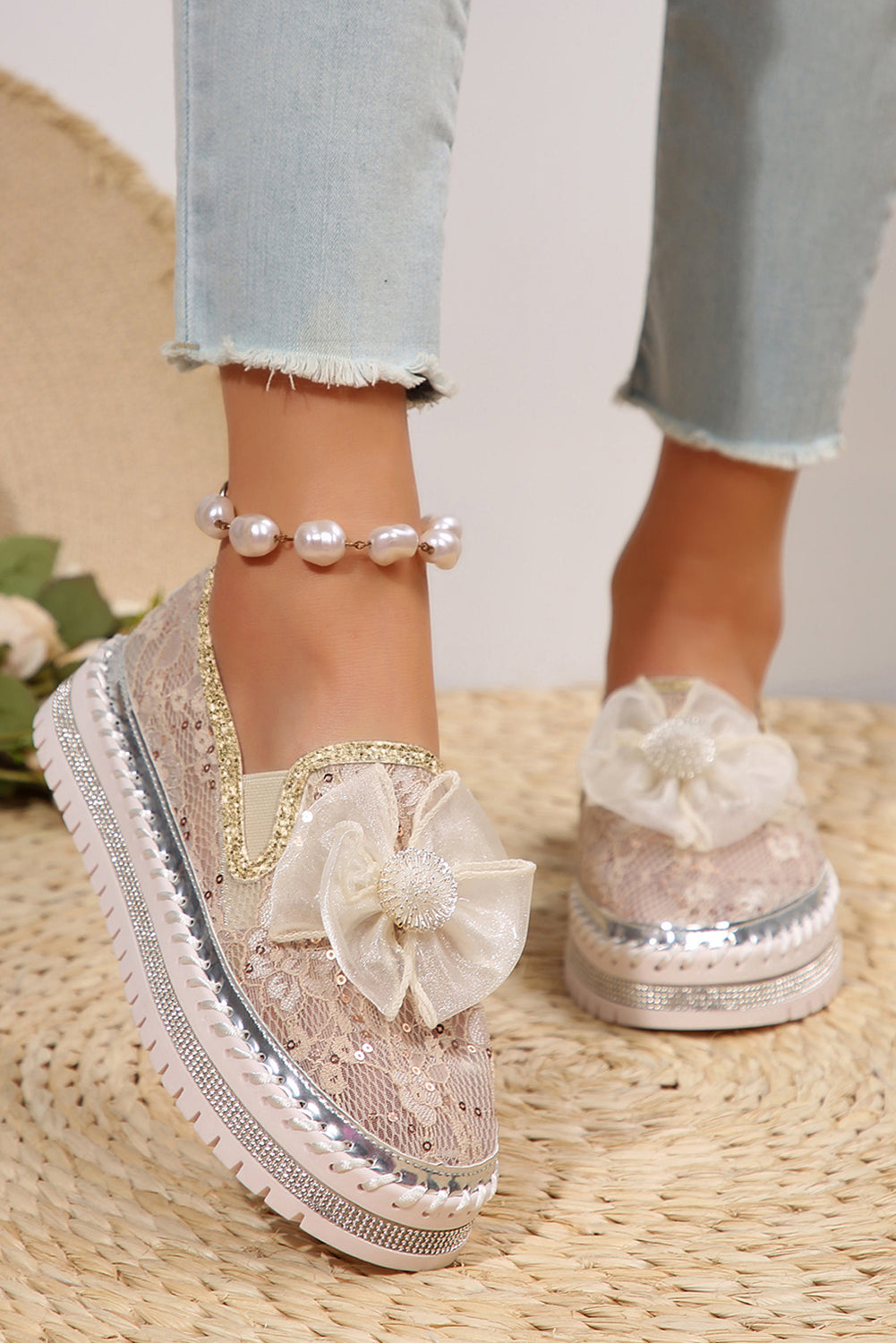 Decor Glossy Bow Breathable Lace Loafer Shoes