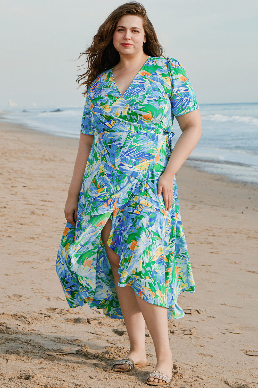 Leaves Print Ruffled Trim Plus Size Maxi Dress