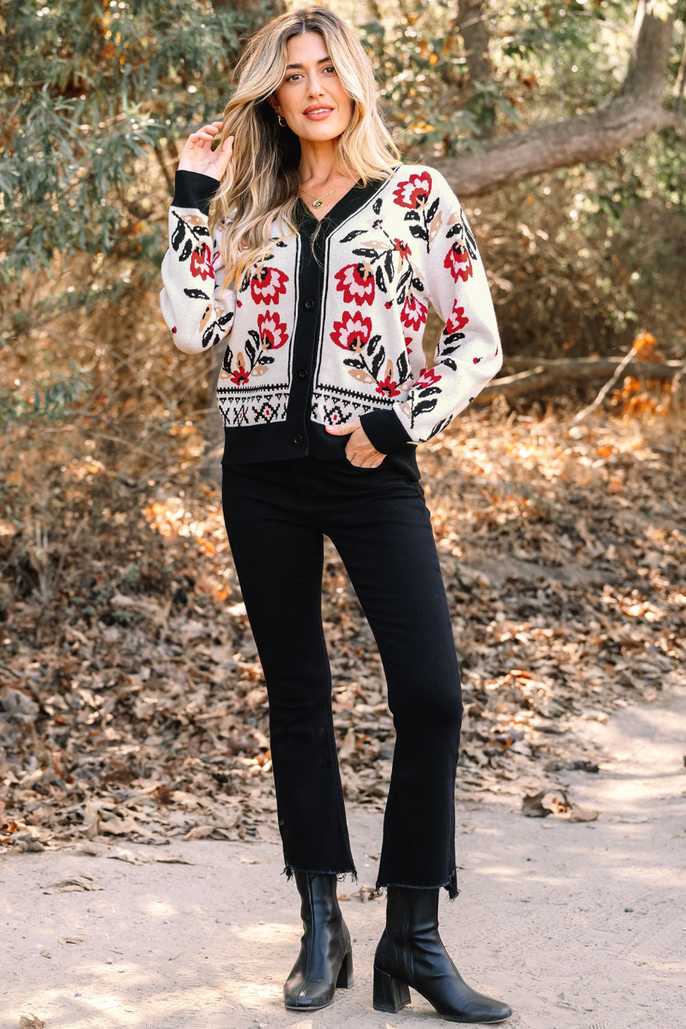 Floral-Print Button-Front V-Neck Knit Cardigan