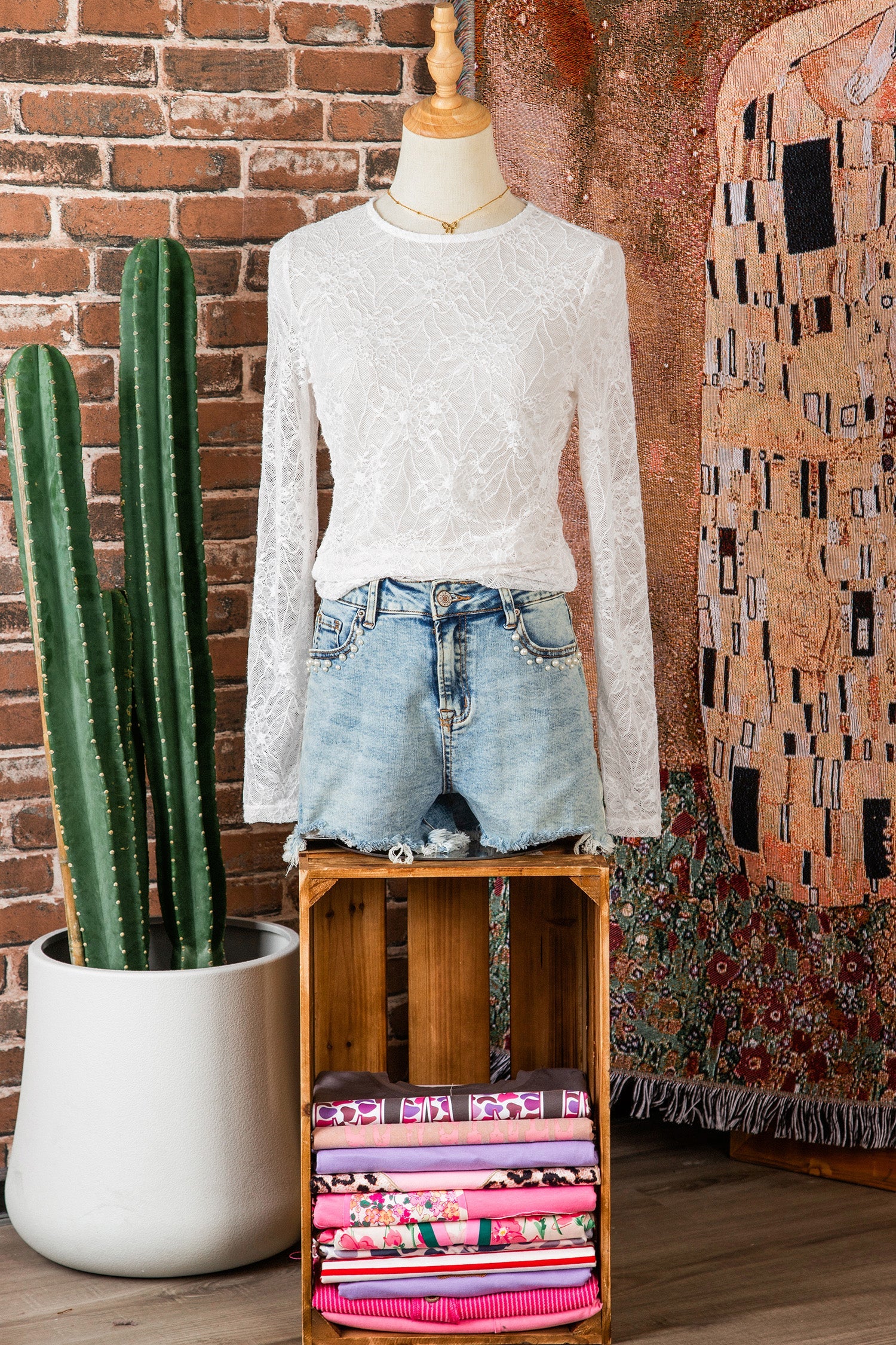 Sheer Mesh Long-Sleeved Mesh Lace Top in Beige
