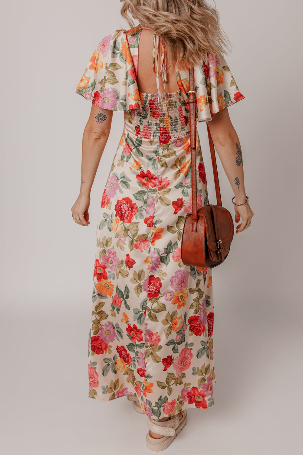 Vintage Floral V Neck Tie Back Long Slit Dress