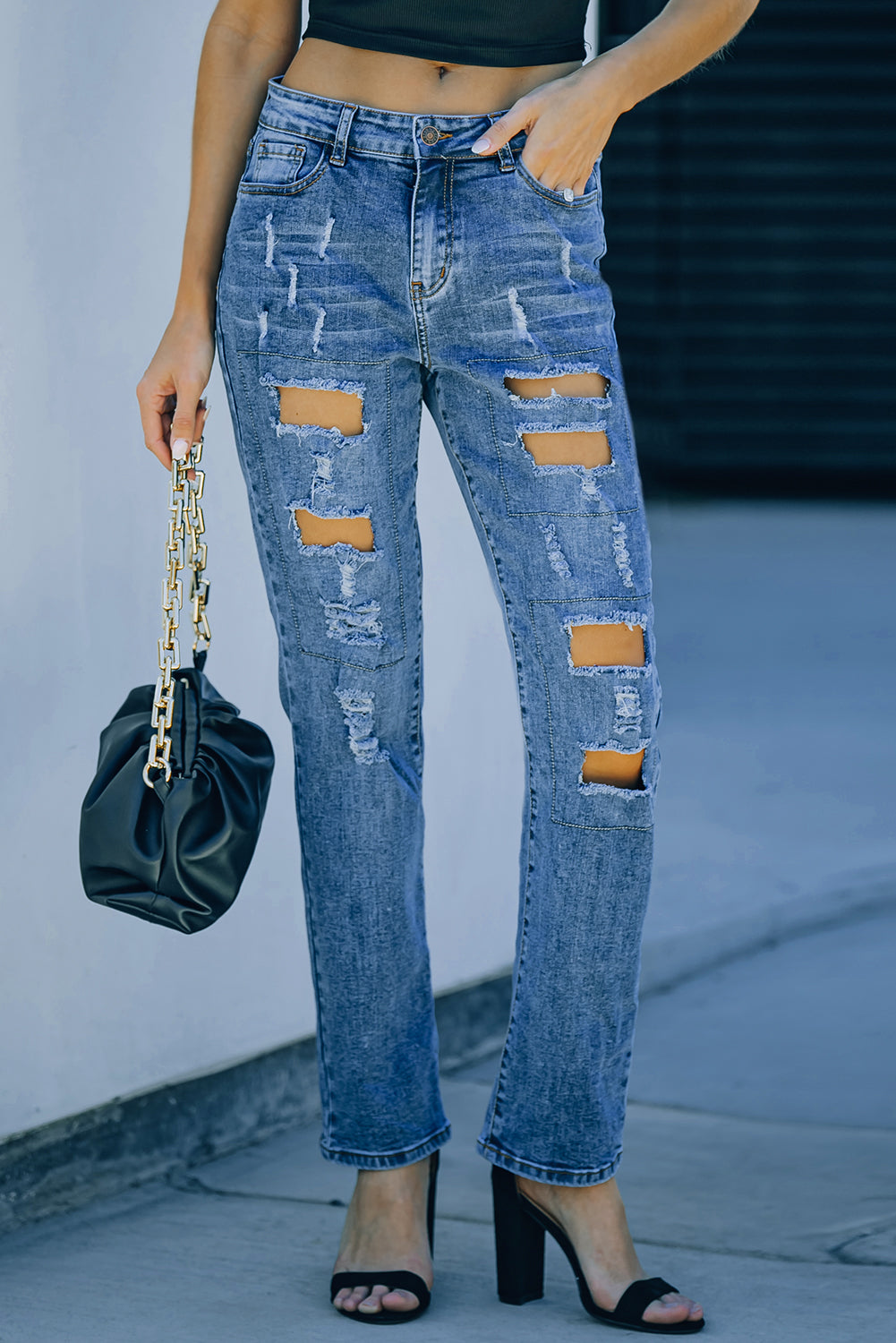 Women's Jeans with Button-Front Pockets Distressed