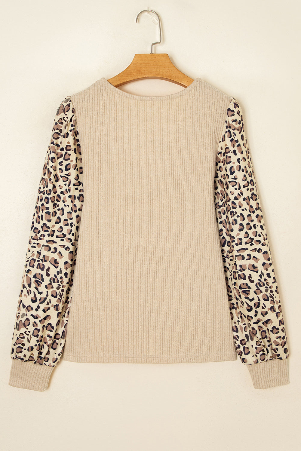 Leopard Sleeve Patchwork Rib-Knit Knit U Neck Top