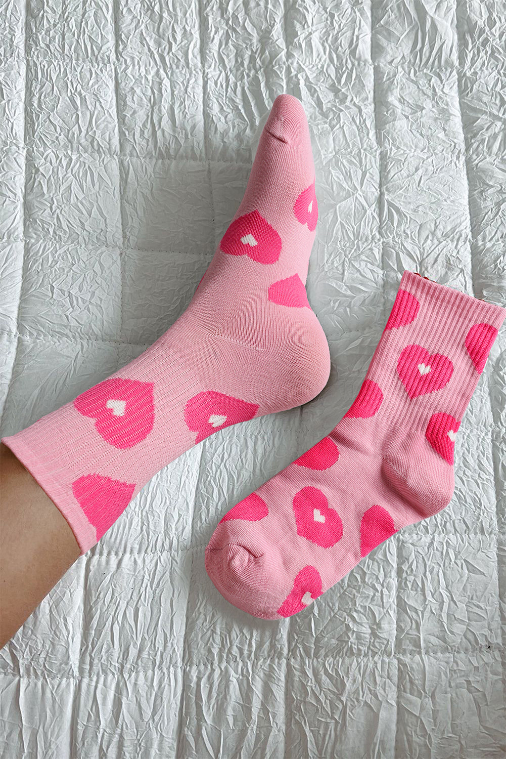 Heart Trim Print Rib-Knit Soft Crew Socks