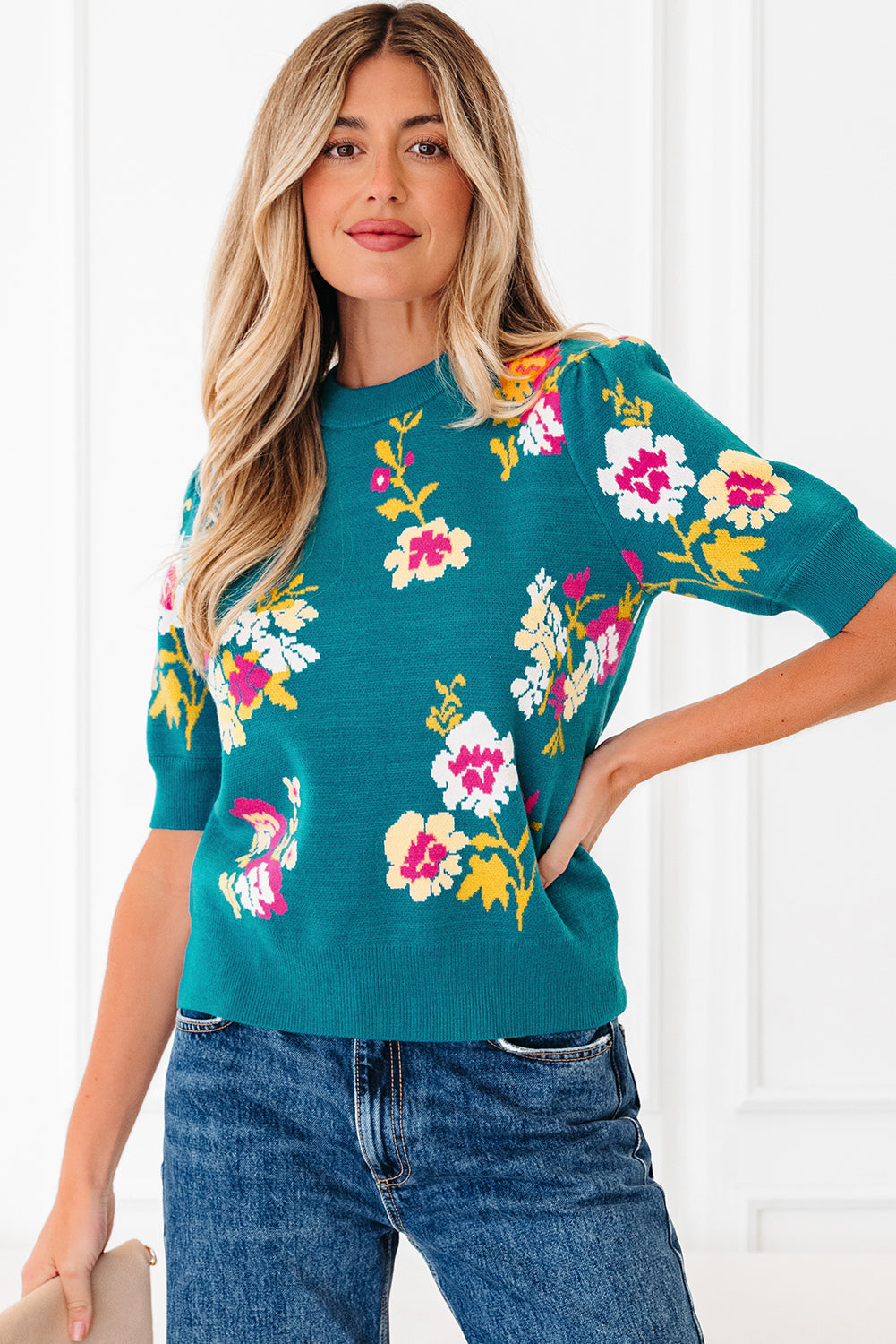 Pattern Mock-Neck Flower Mock-Neck Short-Sleeved Knit T Shirt