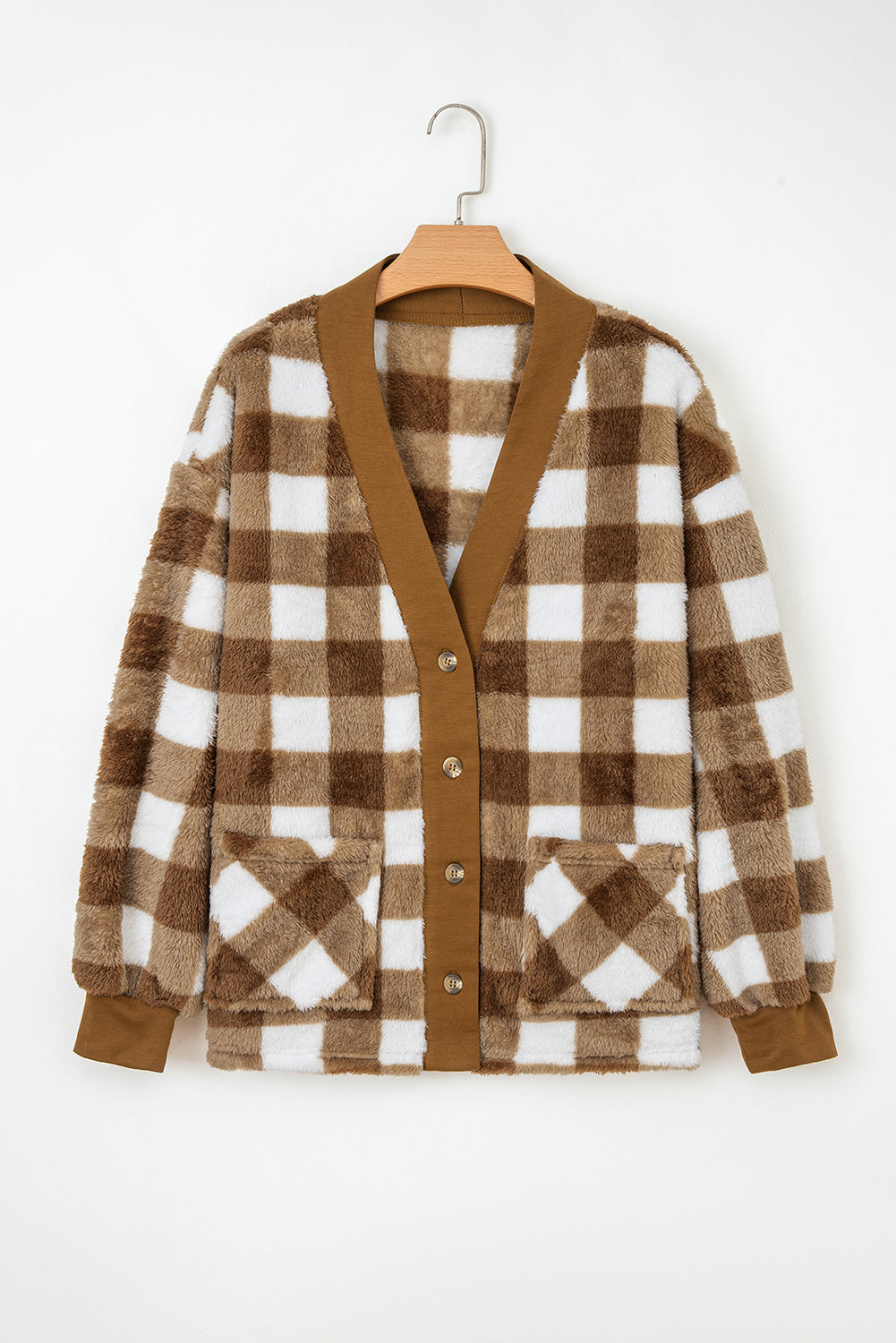 Sherpa Loose Checkered Loose Knit Cardigan Featuring Pockets in Brown