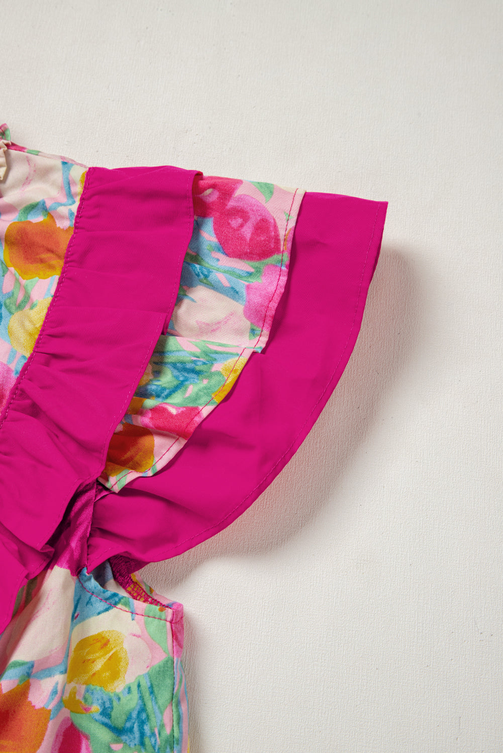 Pink Floral Layered Ruffle Flutter Sleeve Blouse