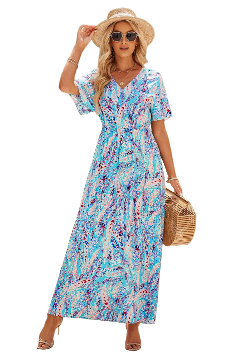 Women's Maxi Dress Featuring Wrap V Neck Floral-Print