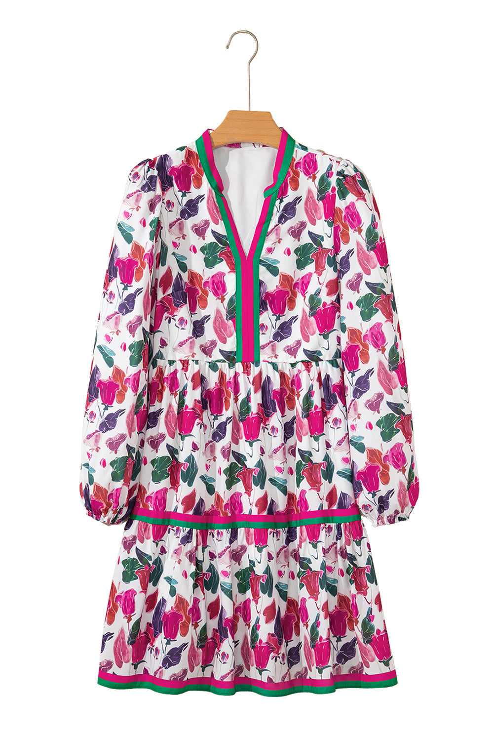 Floral-Print Contrast Striped Detail Long-Sleeved Mini Dress