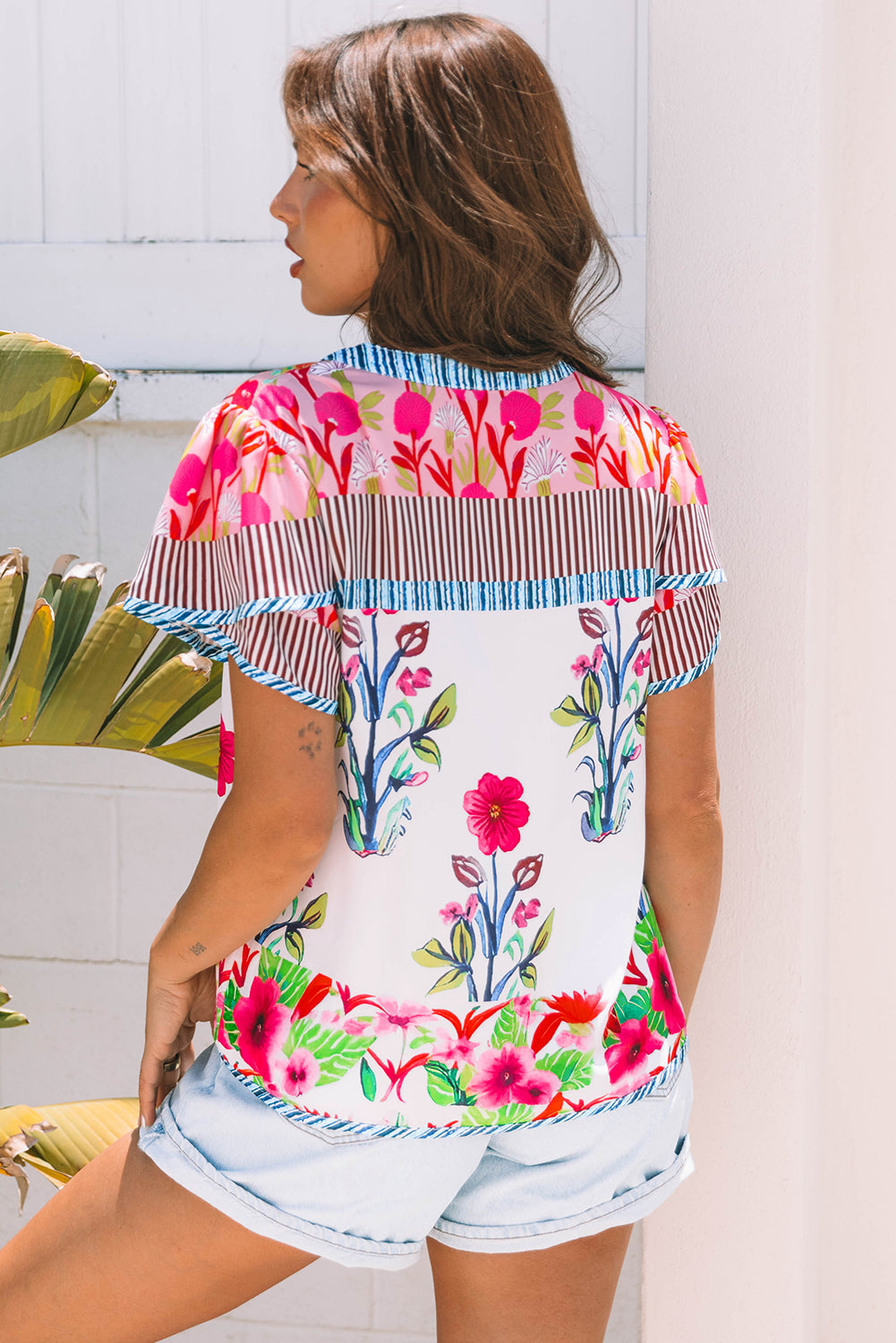 Floral Short-Sleeved Striped Patchwork Split Neck Blouse