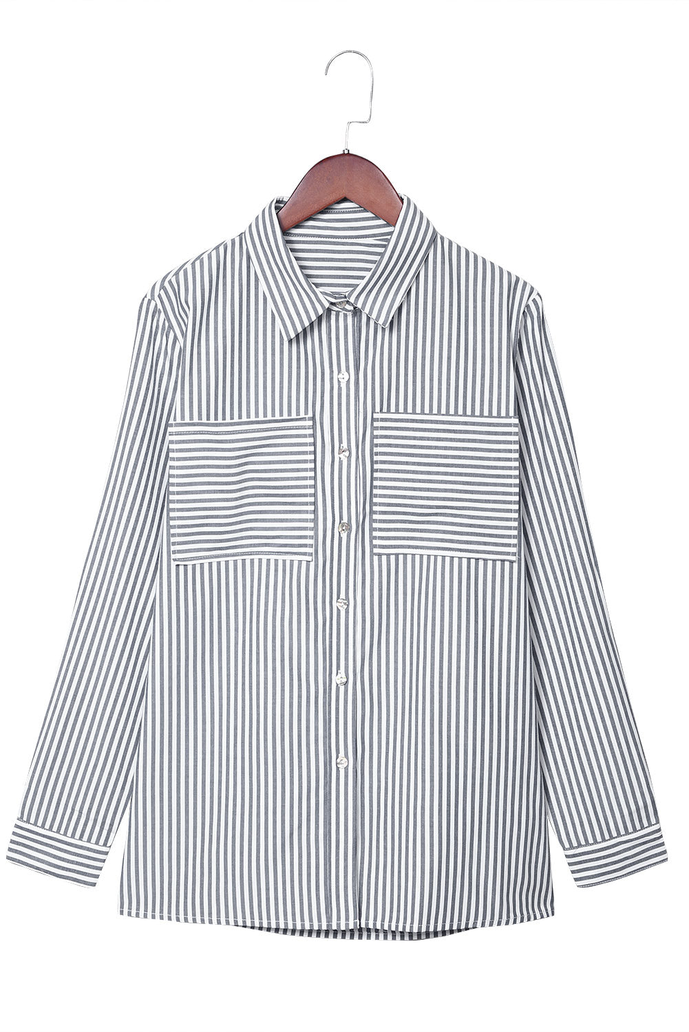 Shirt for Women Buttons Long-Sleeve Striped Pocket-Detail