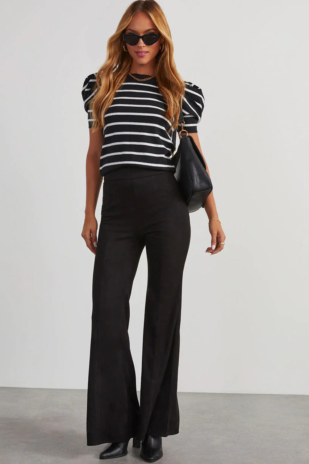 Trim Round-Neck Rib-Knit Round-Neck Bubble Sleeve Knit Top