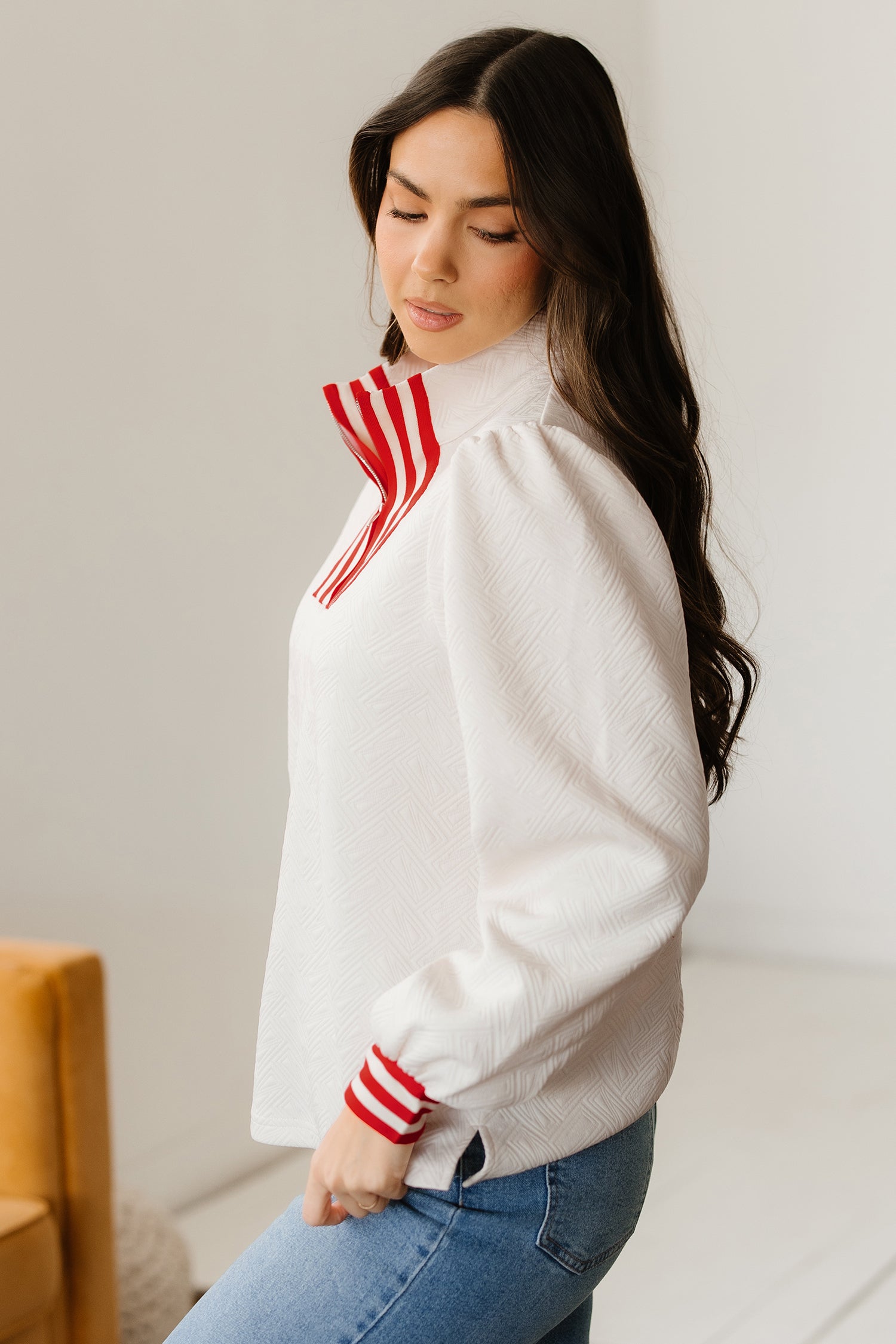 Contrast Textured Knit Striped Accent Zip Collar Pullover Top