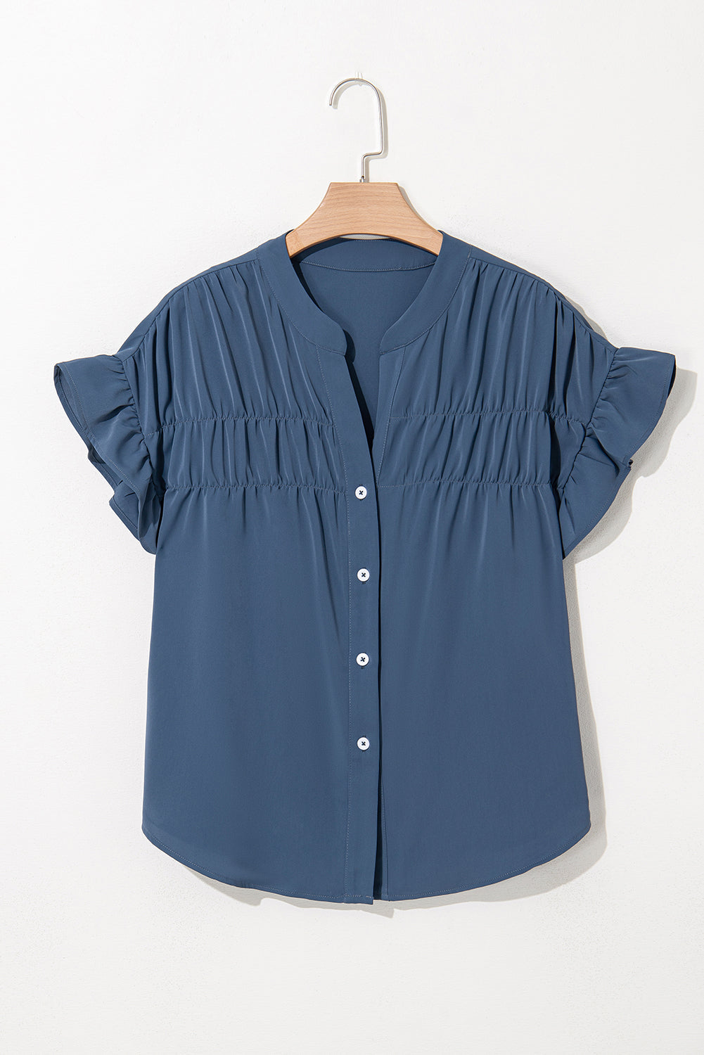 Ruffle Ruched Solid Ruched Short-Sleeved Button-Front Shirt