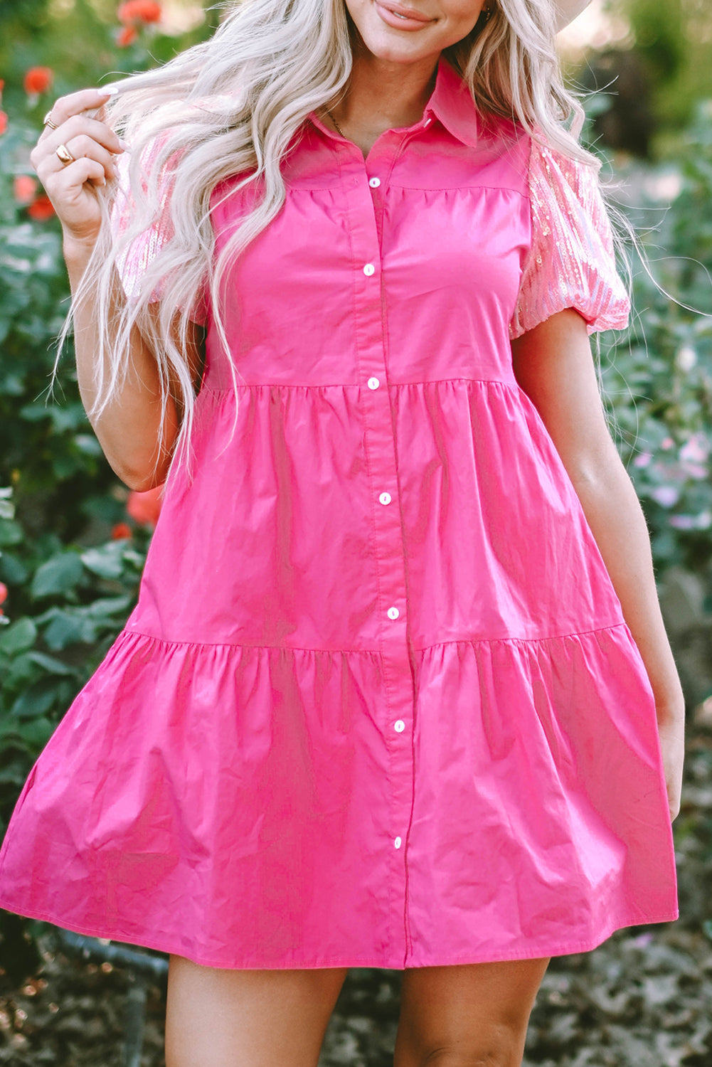 Women's Shirt Dress with Bubble Layered Ruffle-Trimmed