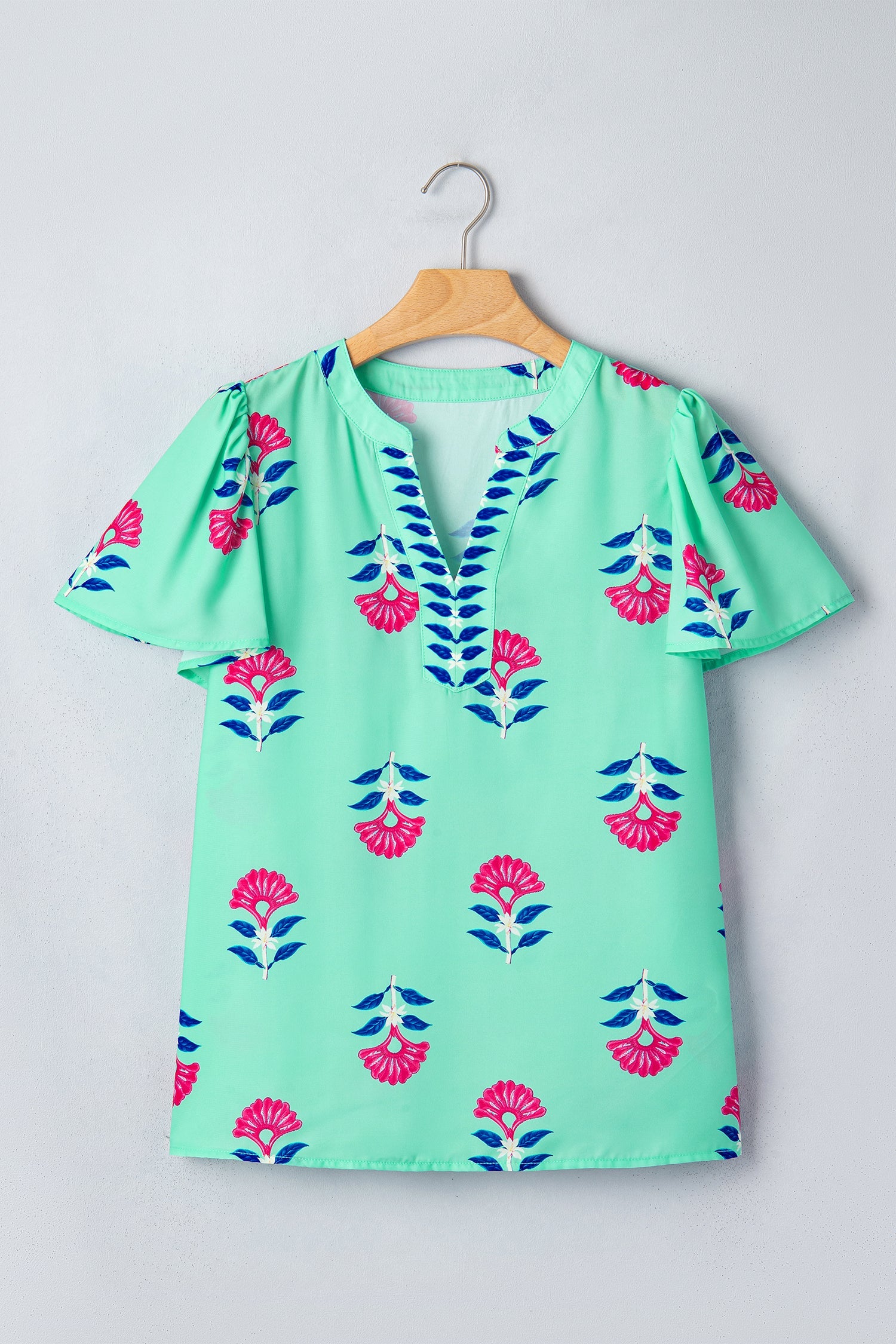 V-Neck Flutter Floral Flutter Sleeve Blouse in Green