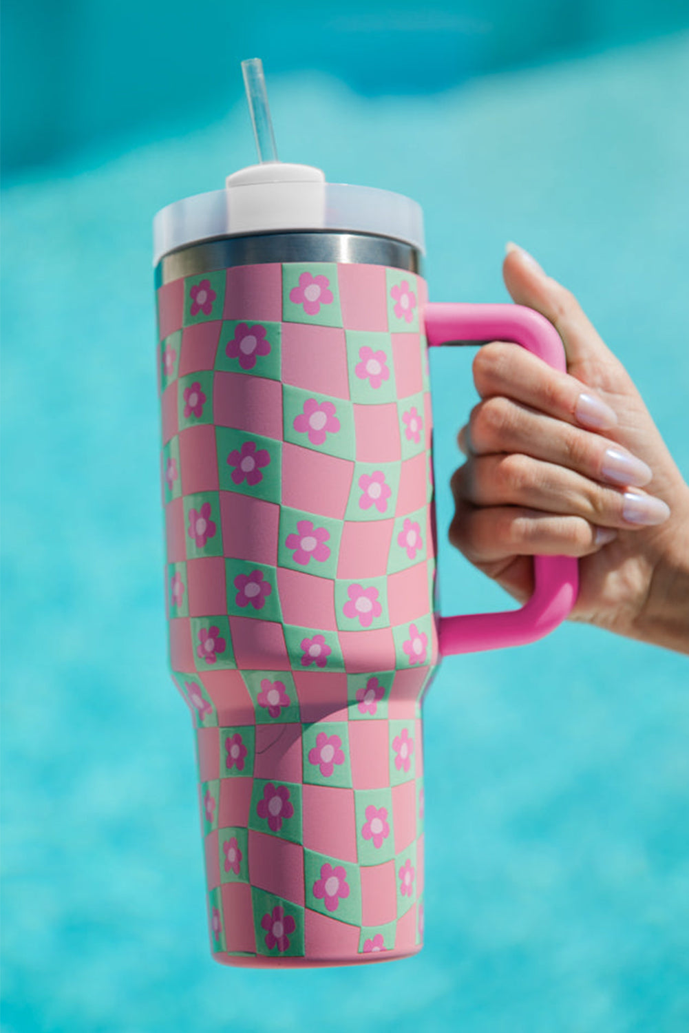 Flower Checkered Pattern Cup with Straw 40oz