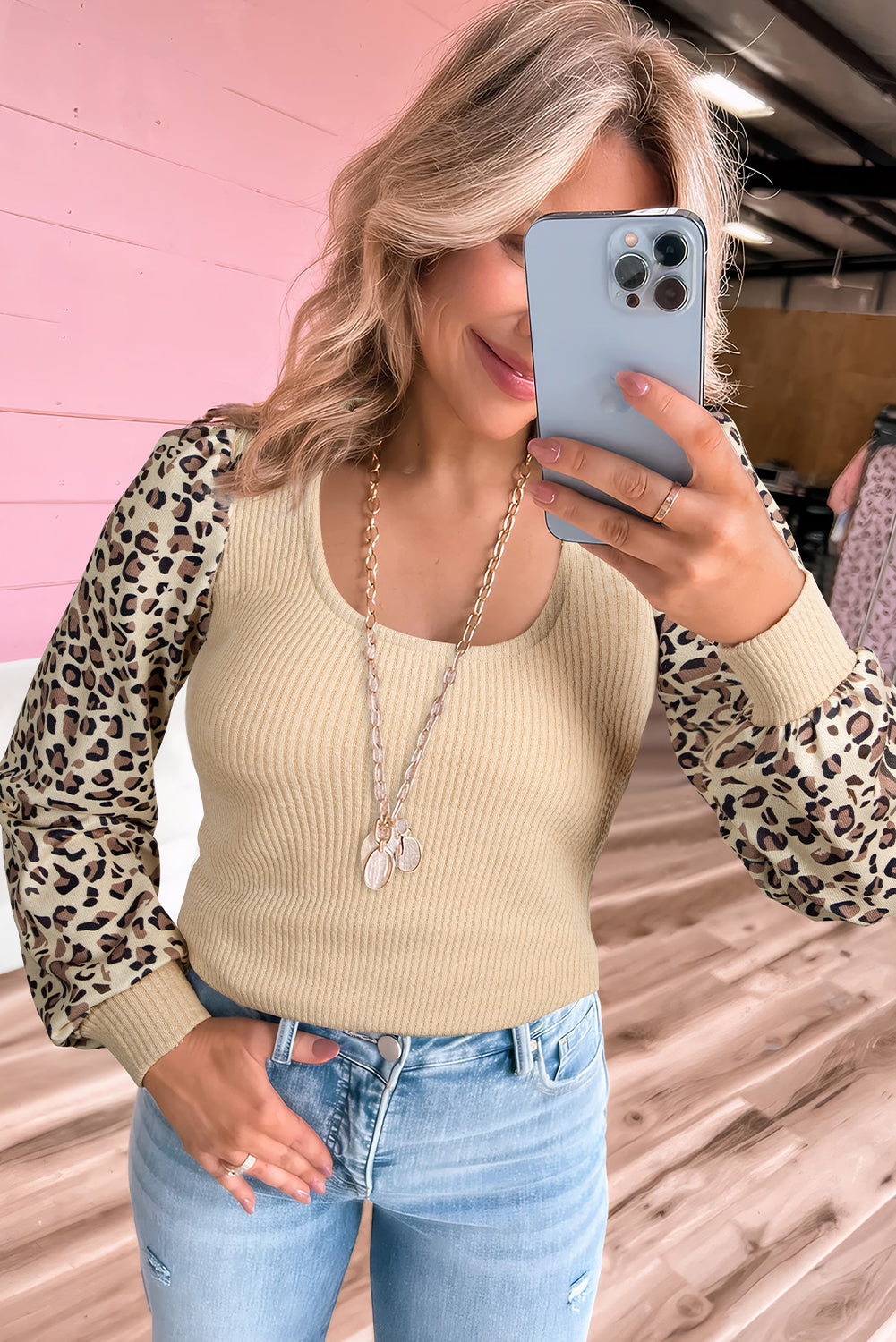 Leopard Sleeve Patchwork Rib-Knit Knit U Neck Top