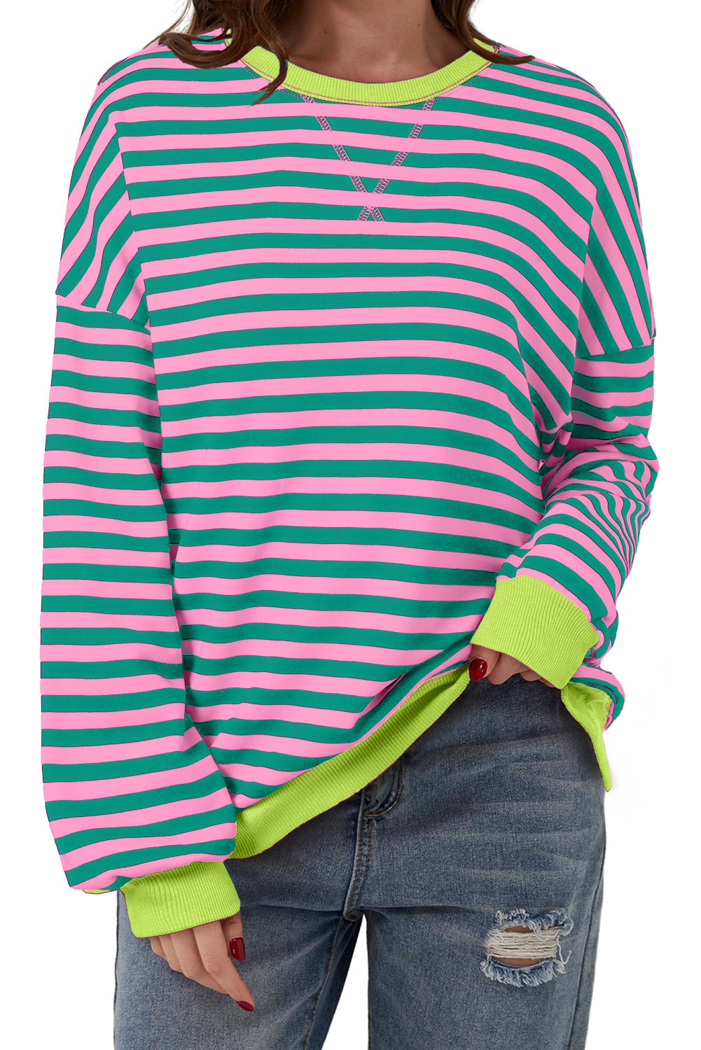 Rib-Knit Trim Contrast Trim Crossed Stitch Drop-Shoulder Sweatshirt
