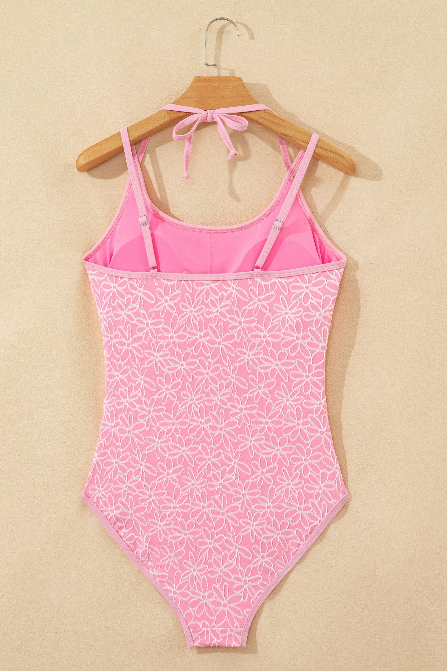 Flower Texture Corded Texture Spaghetti Straps Halterneck One Piece Swimsuit in Pink