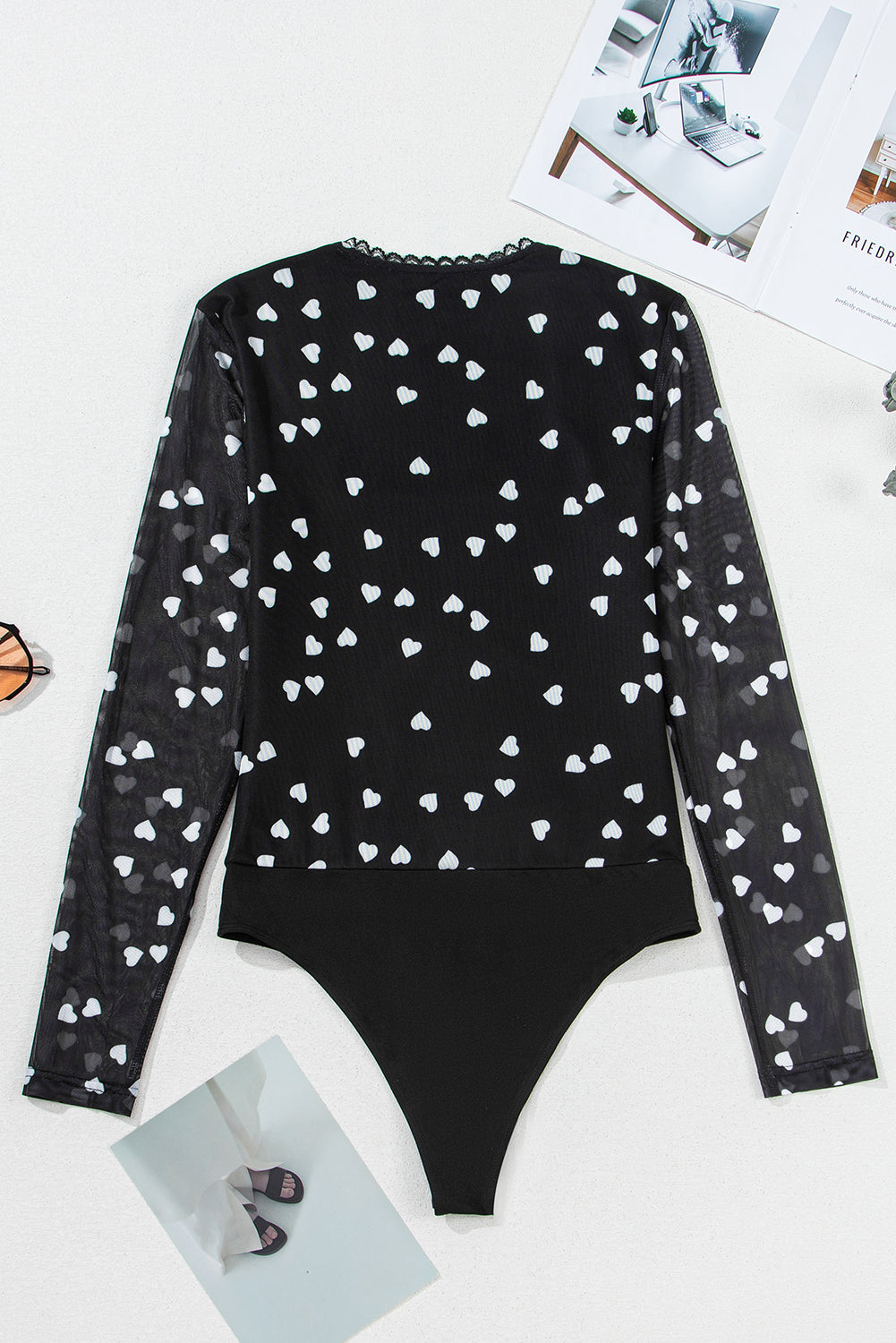 Heart Shape Mesh Patchwork Square Neck Bodysuit