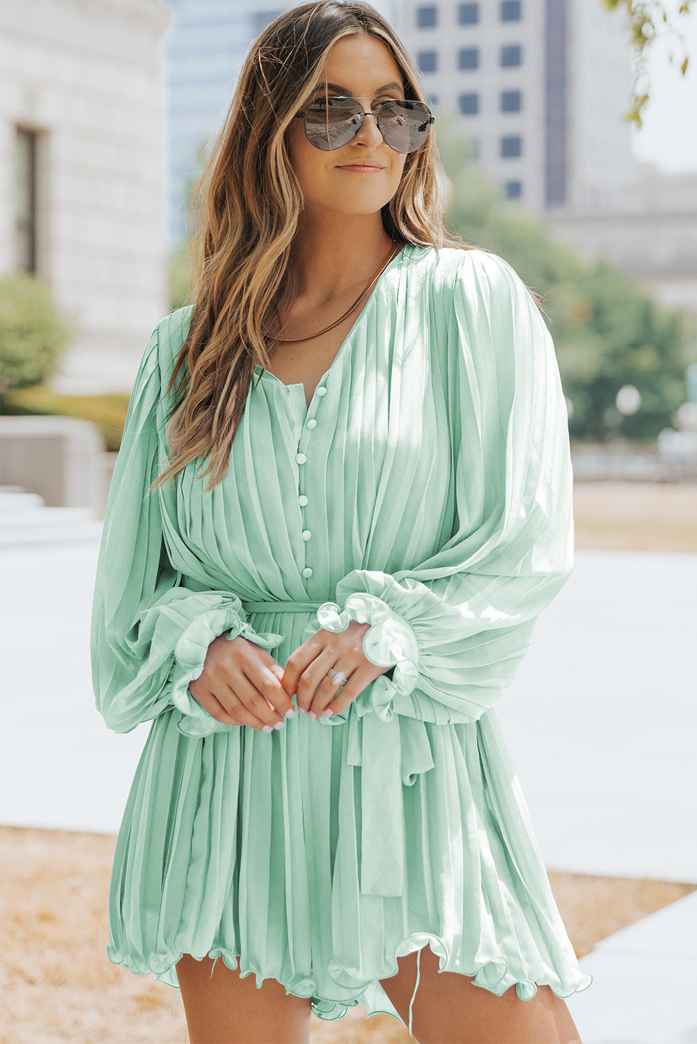 Women's Romper Featuring Buttons V Neck Ruffle-Trimmed Tie Waist