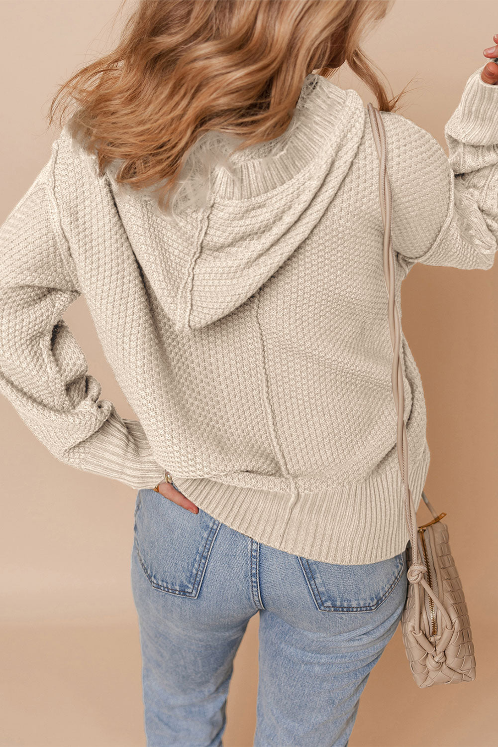 Cable Uneven Knit Texture Hem Hooded Polished Cardigan