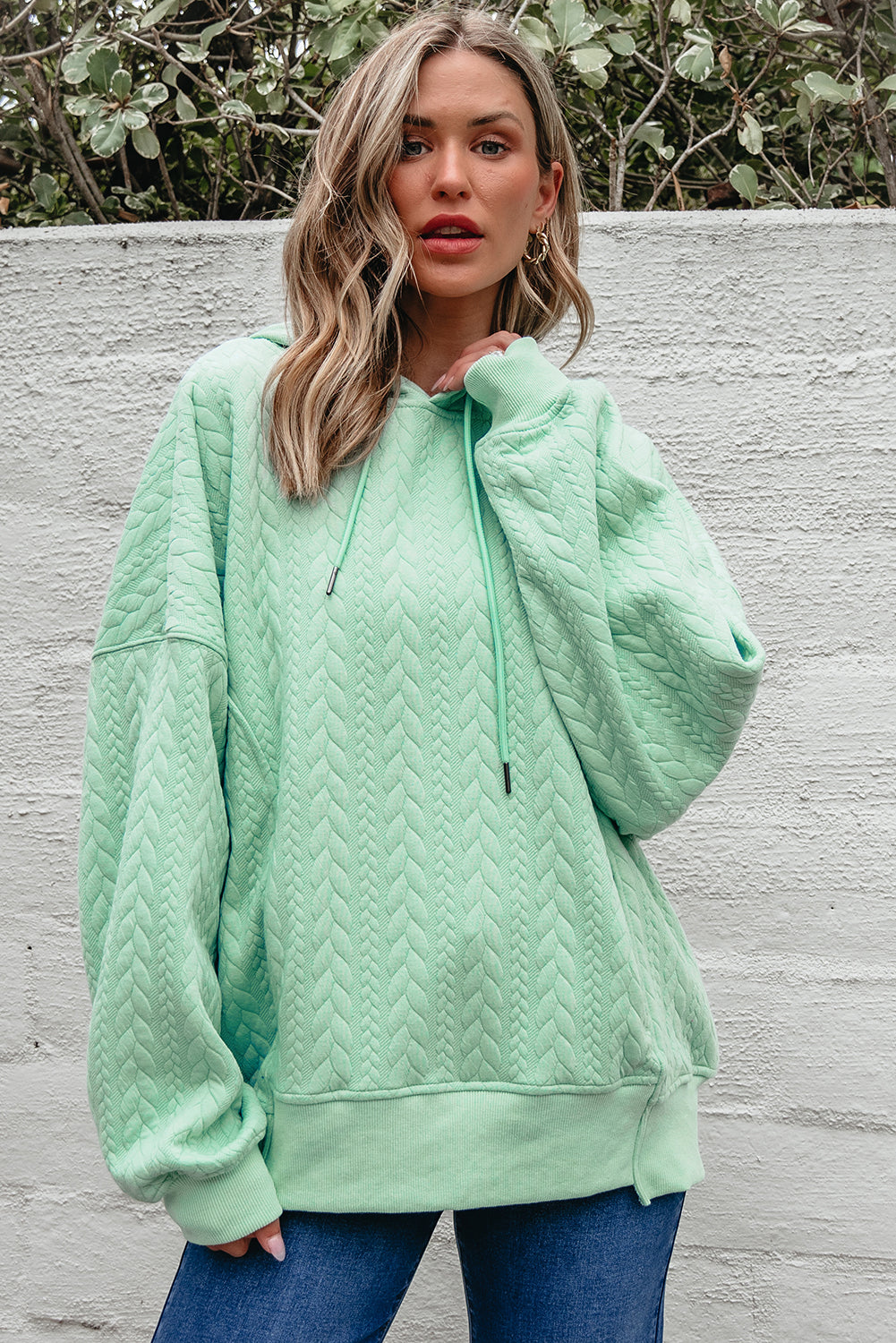 Cable Textured Baggy Solid Hoodie