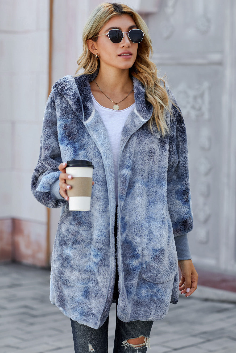 Women's Coat Featuring Tie Dye Soft Fleece Hooded Open Front Women's Blue