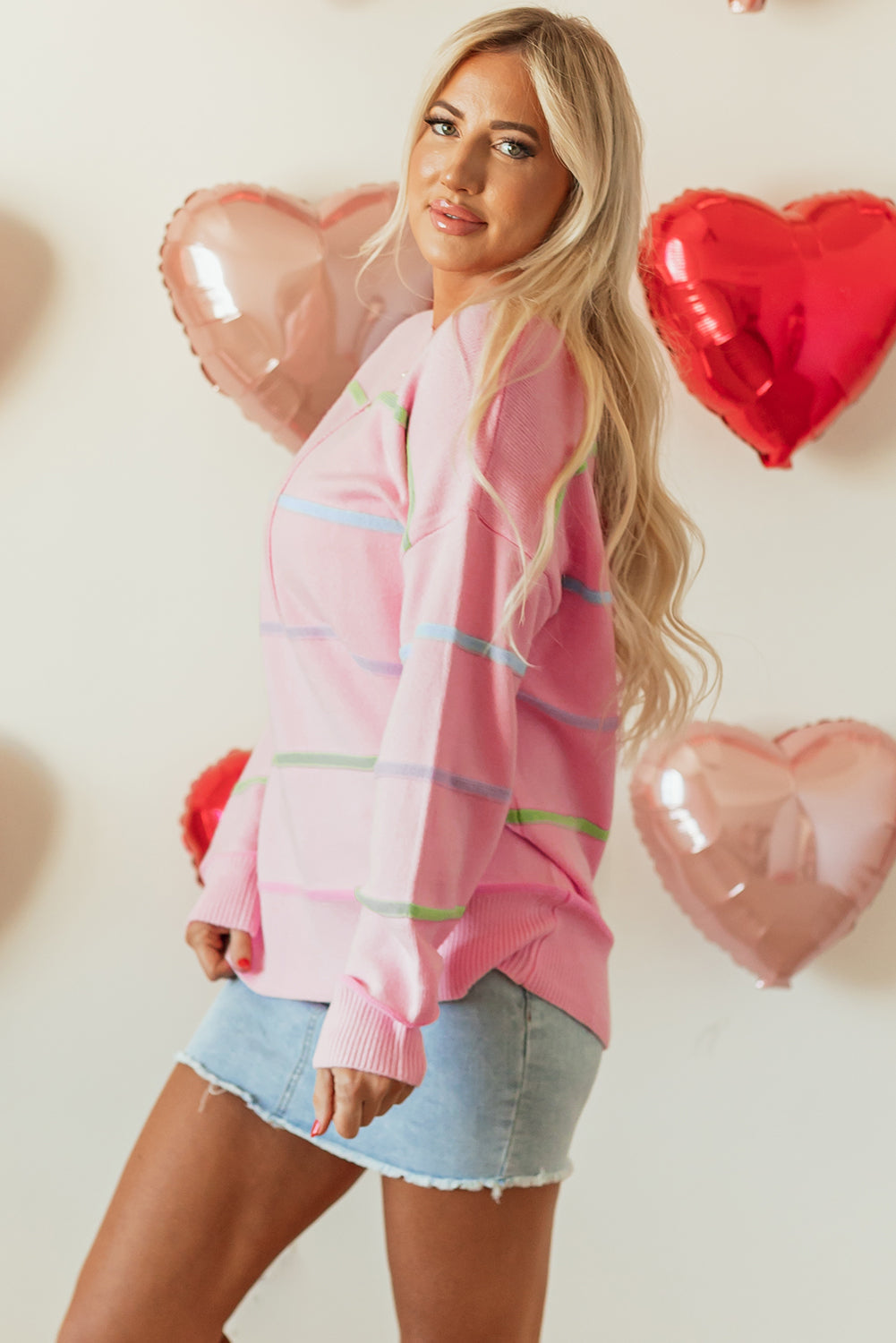 Rainbow Stripes Drop Shoulder Baggy Henley Sweater