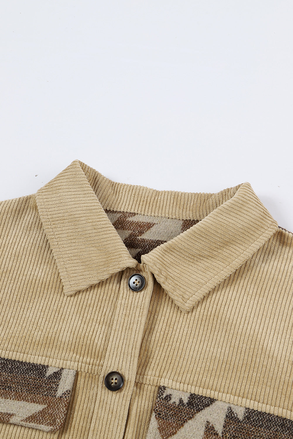 Women's Aztec-Pattern Patchwork Frayed Edge Khaki Cord Jacket