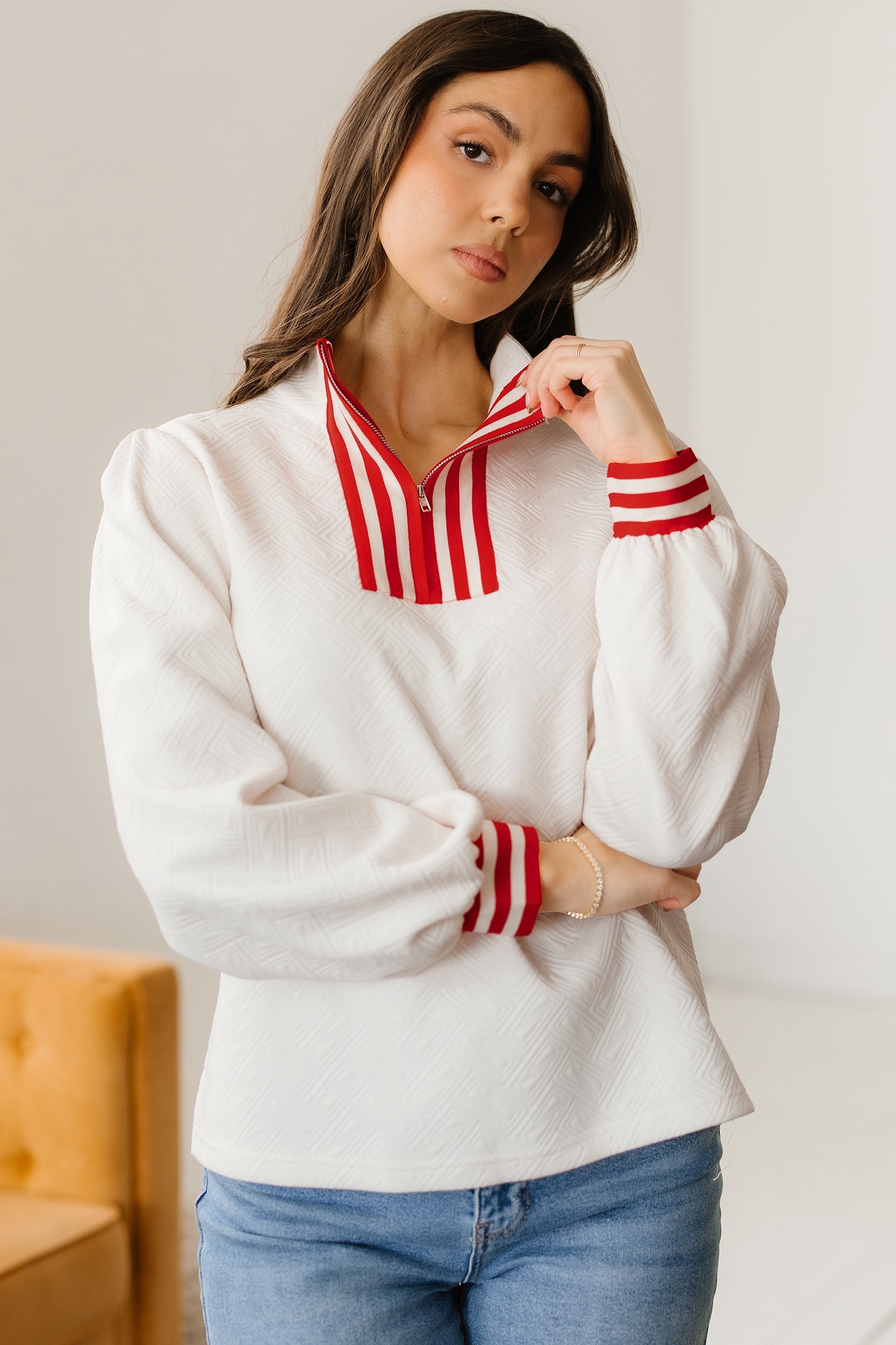 Contrast Textured Knit Striped Accent Zip Collar Pullover Top
