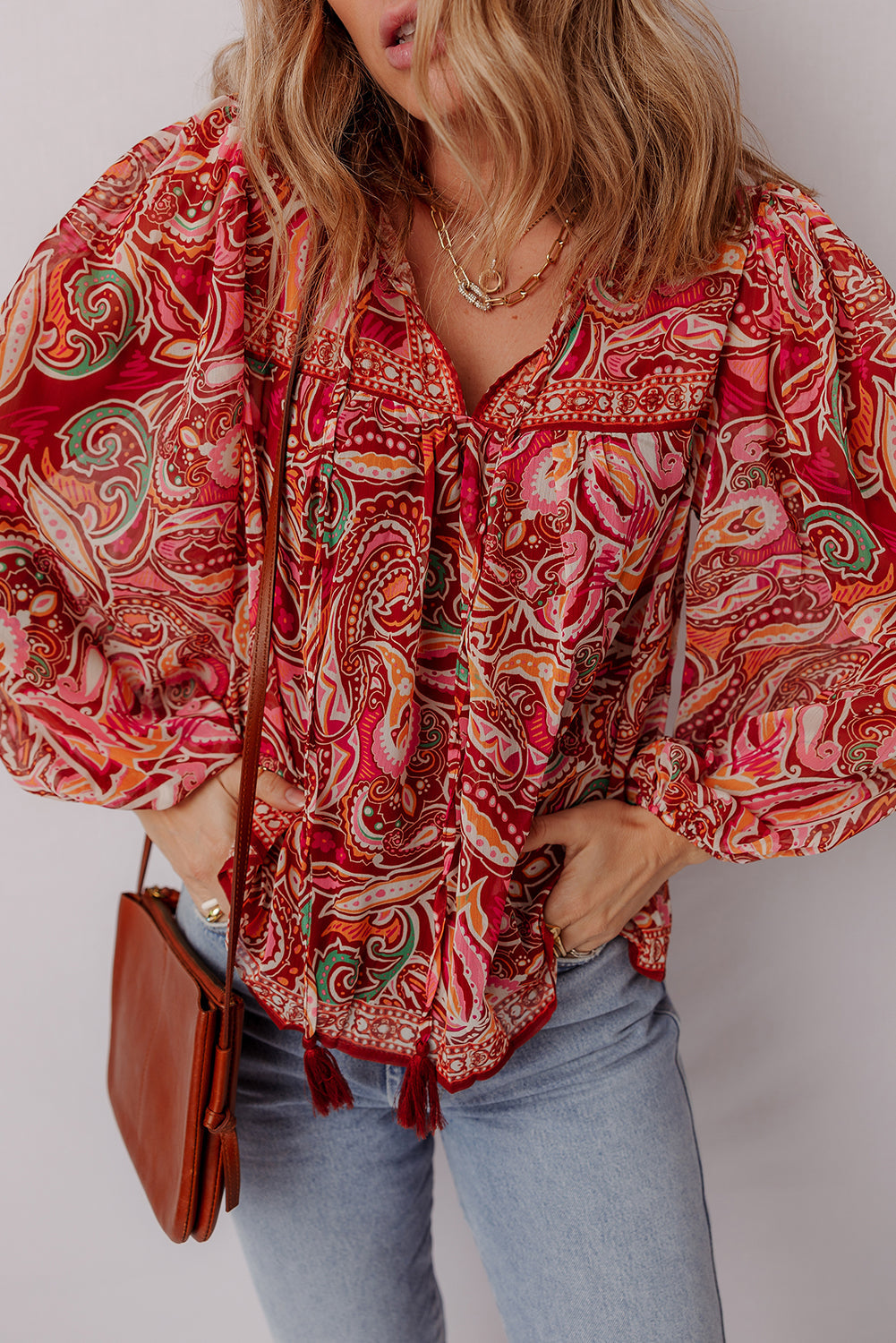 Paisley Print Ethnic Print Tassel Tie Puff Sleeve Boho Blouse
