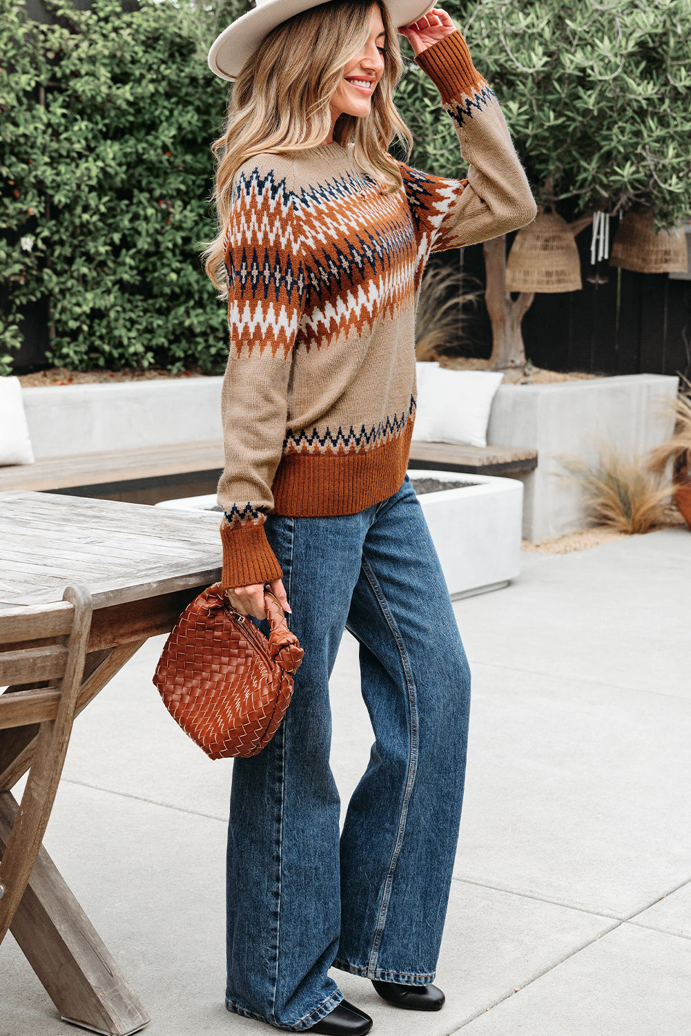 Colorblock Aztec Print Crew-Neck Knit Top