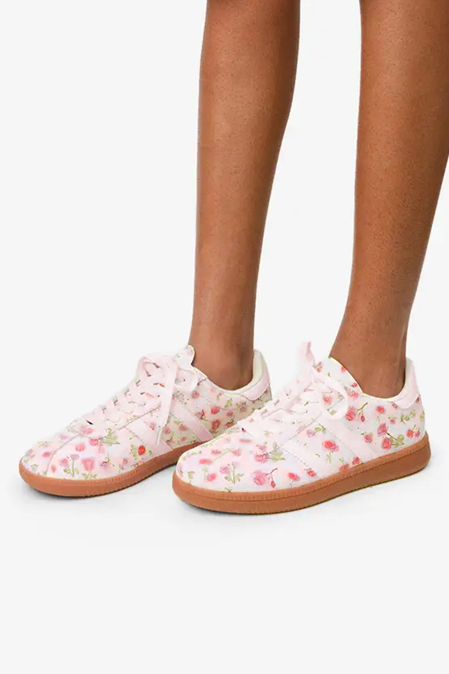 PU Floral-Print Lace-up Leather Flat Shoes in Light Pink