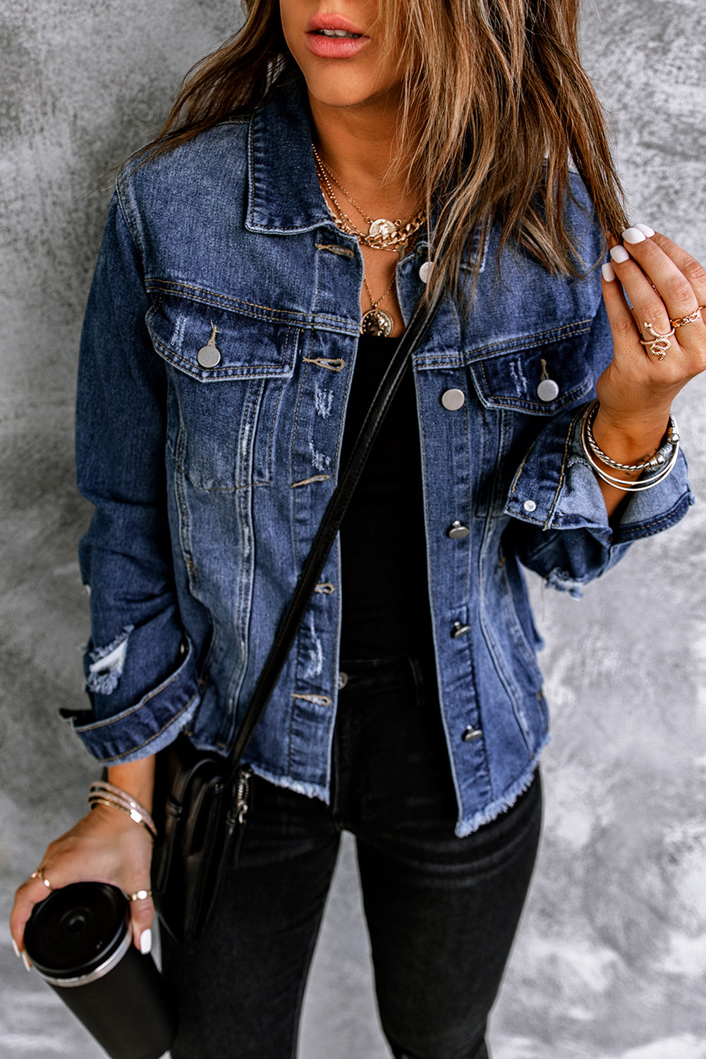 Women's Denim Jacket with Lapel Distressed Raw