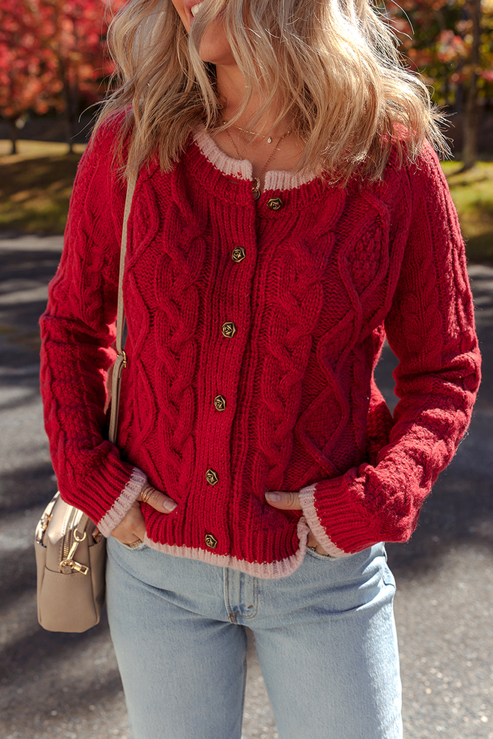 Color Contrast Edge Cable Knit Button-Front Cardigan in Red