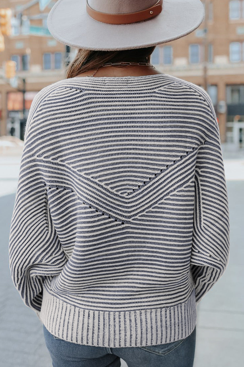 Print Rib-Knit Striped Rib-Knit Knit Boat Neck Baggy Knit Top