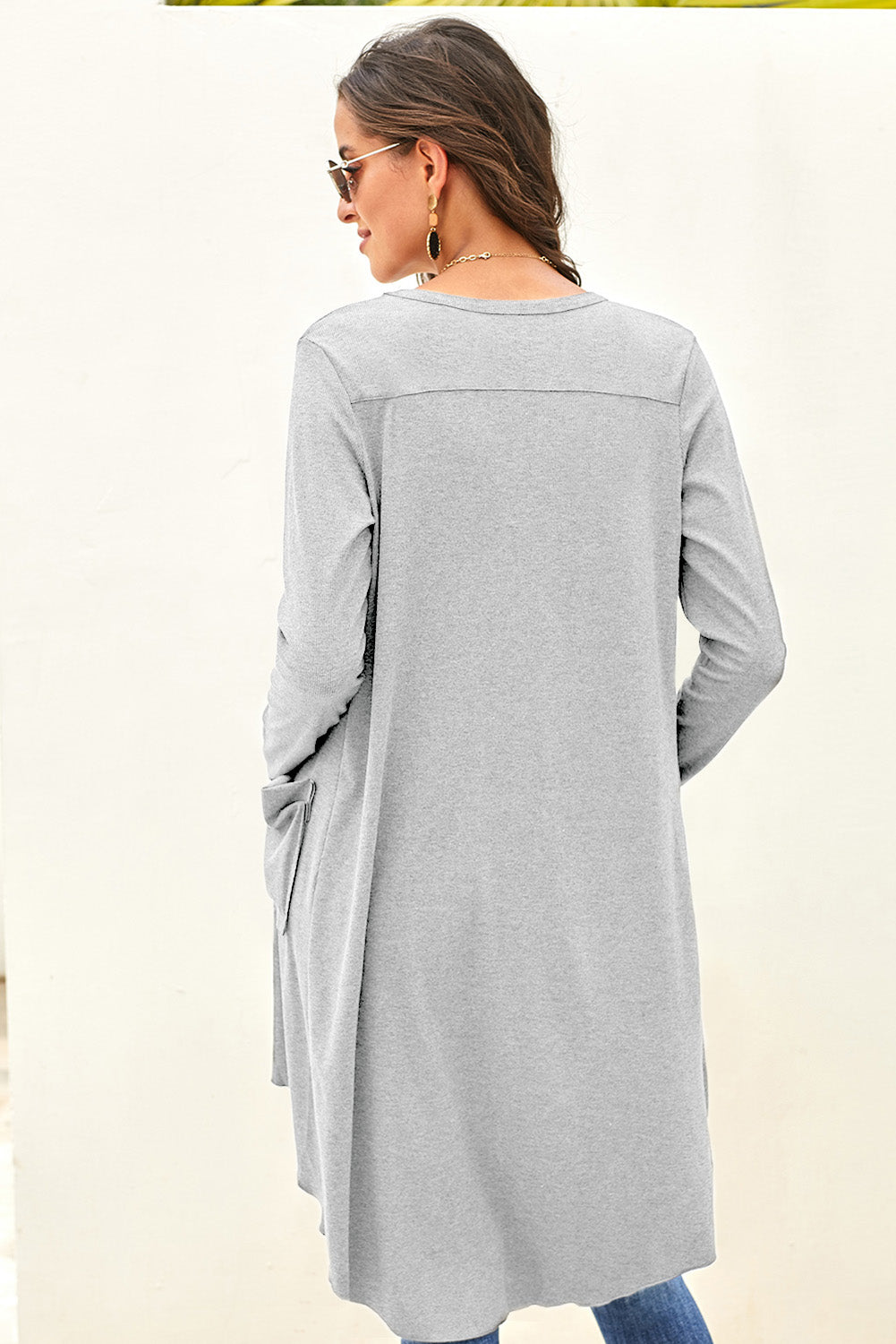 Women's Knitted High Low Light Gray Selected Button Down Pocket-Detail Long Cardigan