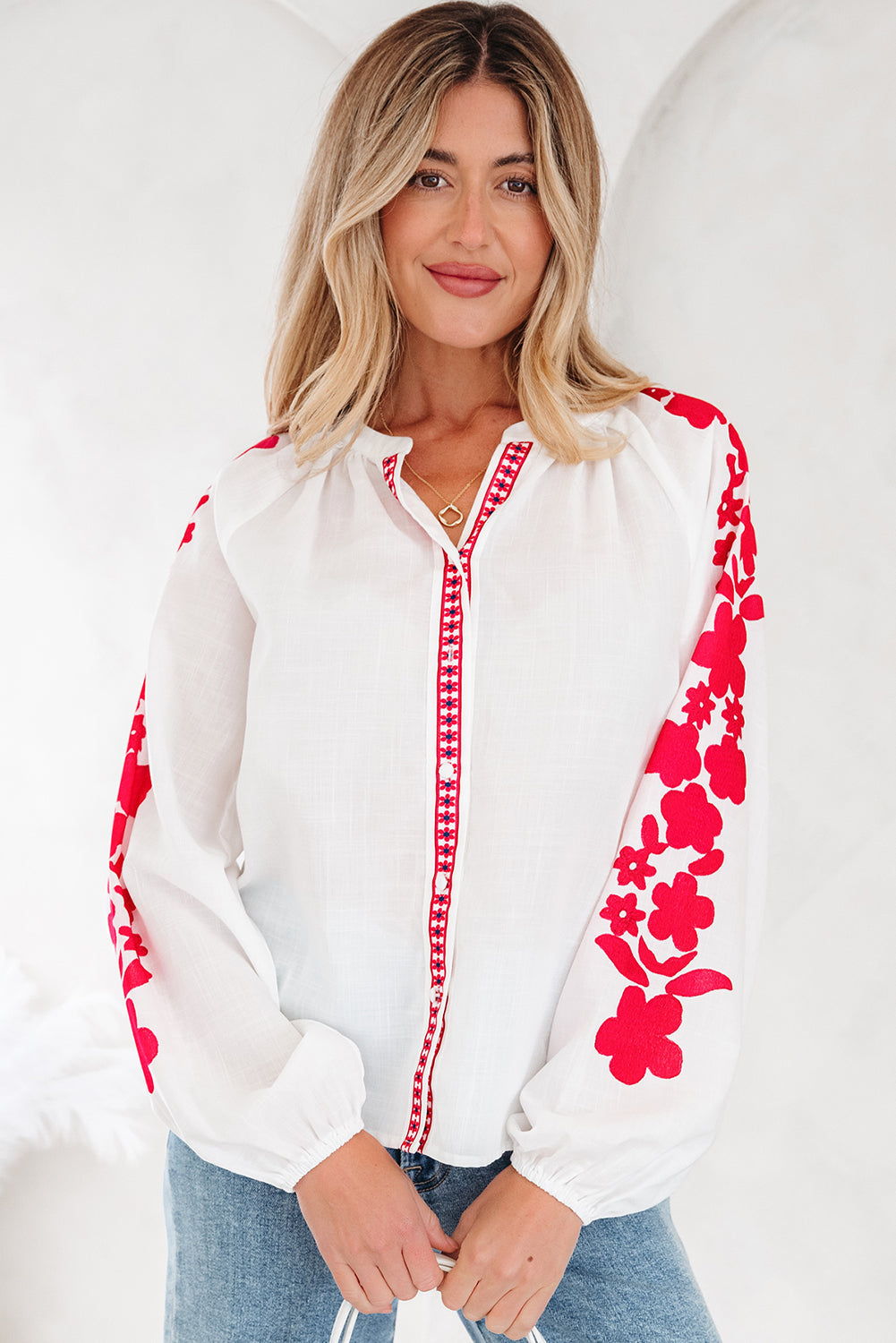 Floral Long-Sleeved Embroidered Puff Everyday Shirt