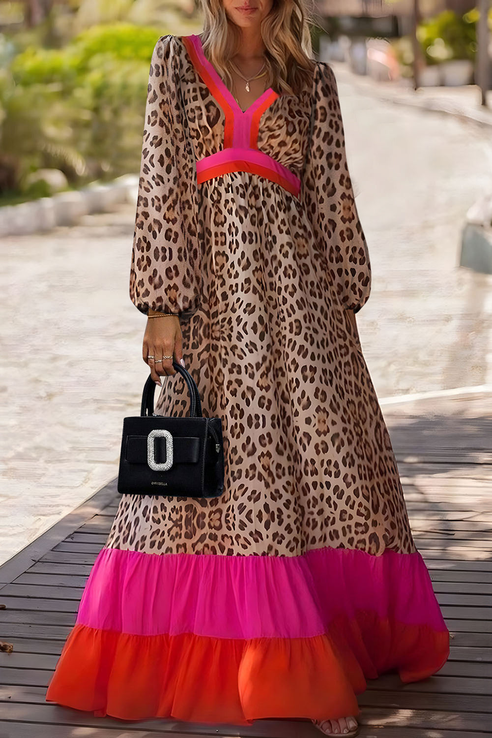 Women's Maxi Dress Featuring Relaxed Fit Leopard-Print V Neck