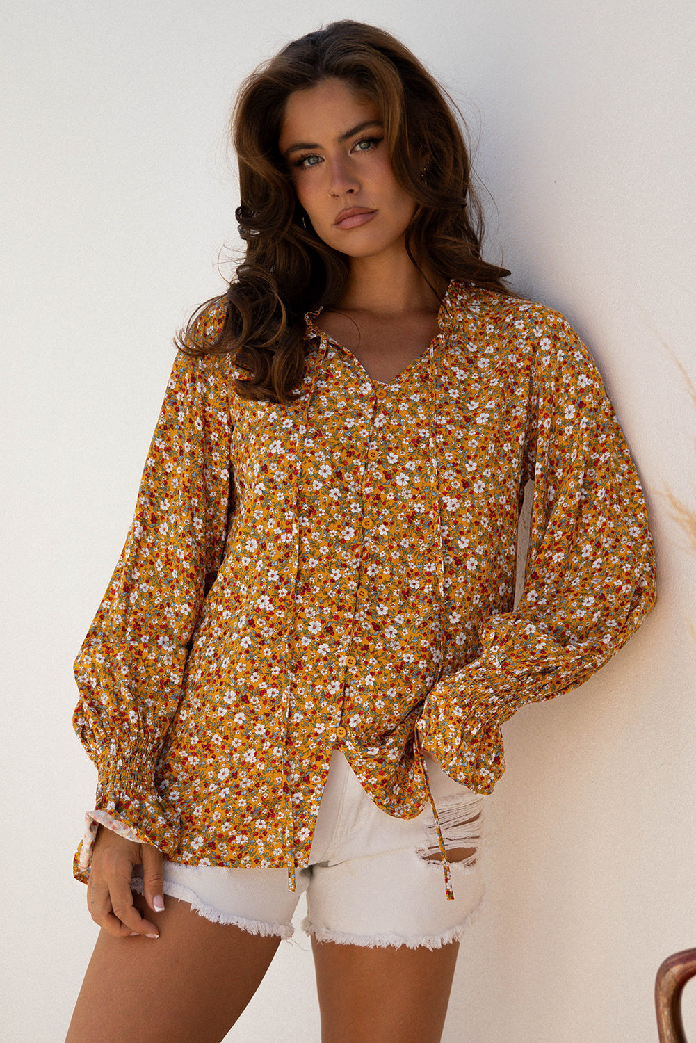 Ruffled Boho Floral Bubble Sleeve V-Neck Fall Blouse