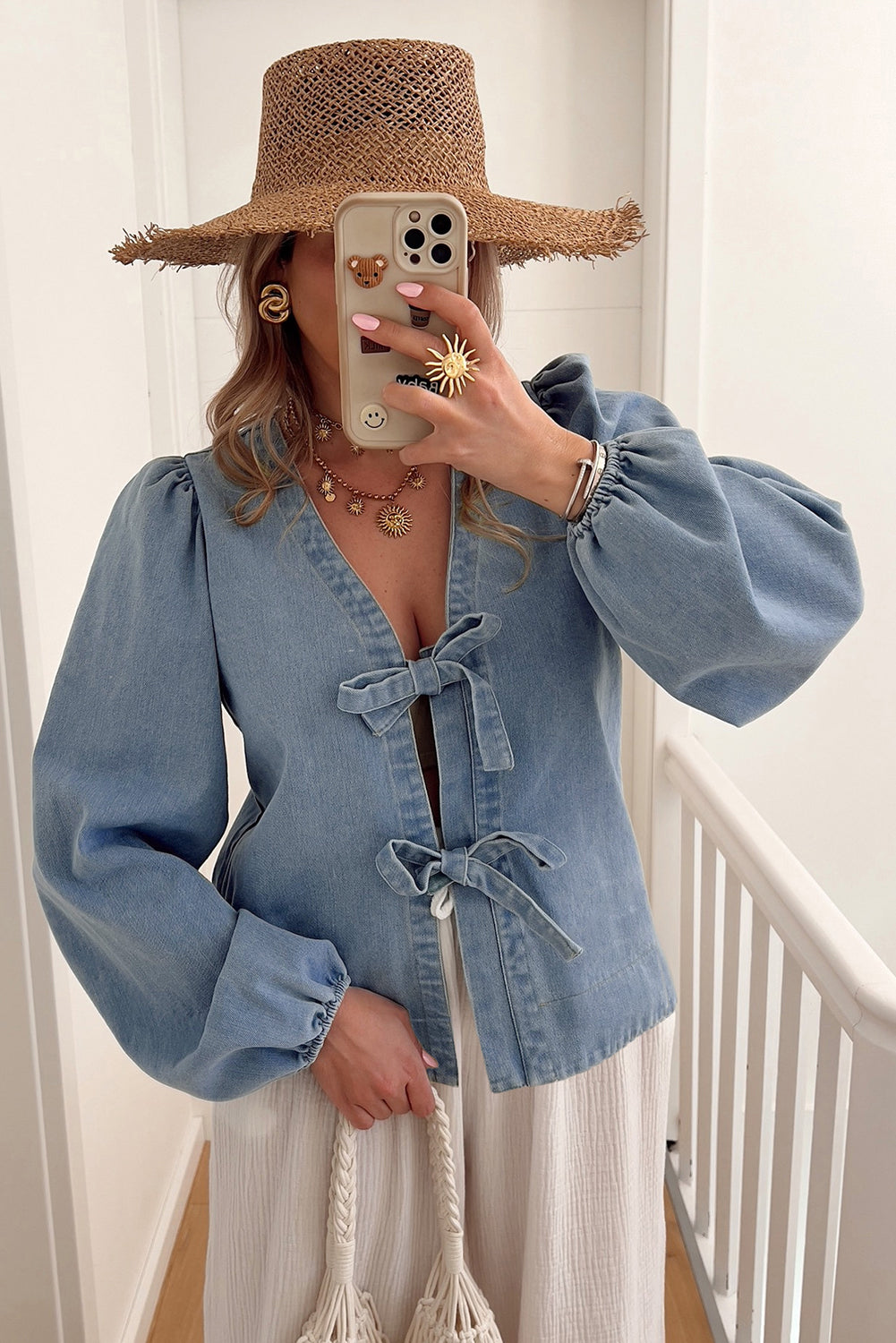 Tied Puff Front Long Sleeve Denim Top